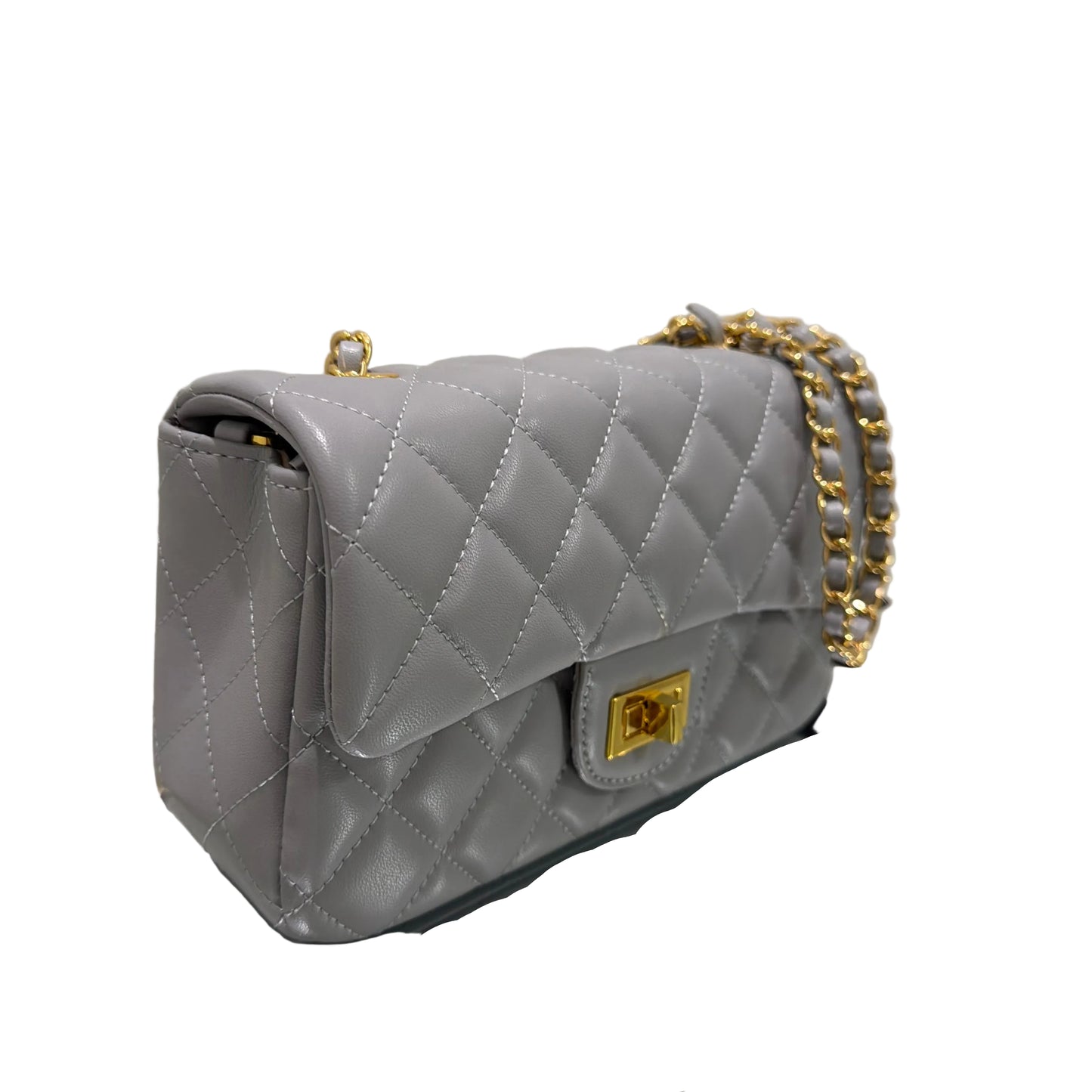 Gray quilted handbag with gold chain and clasp on a white background