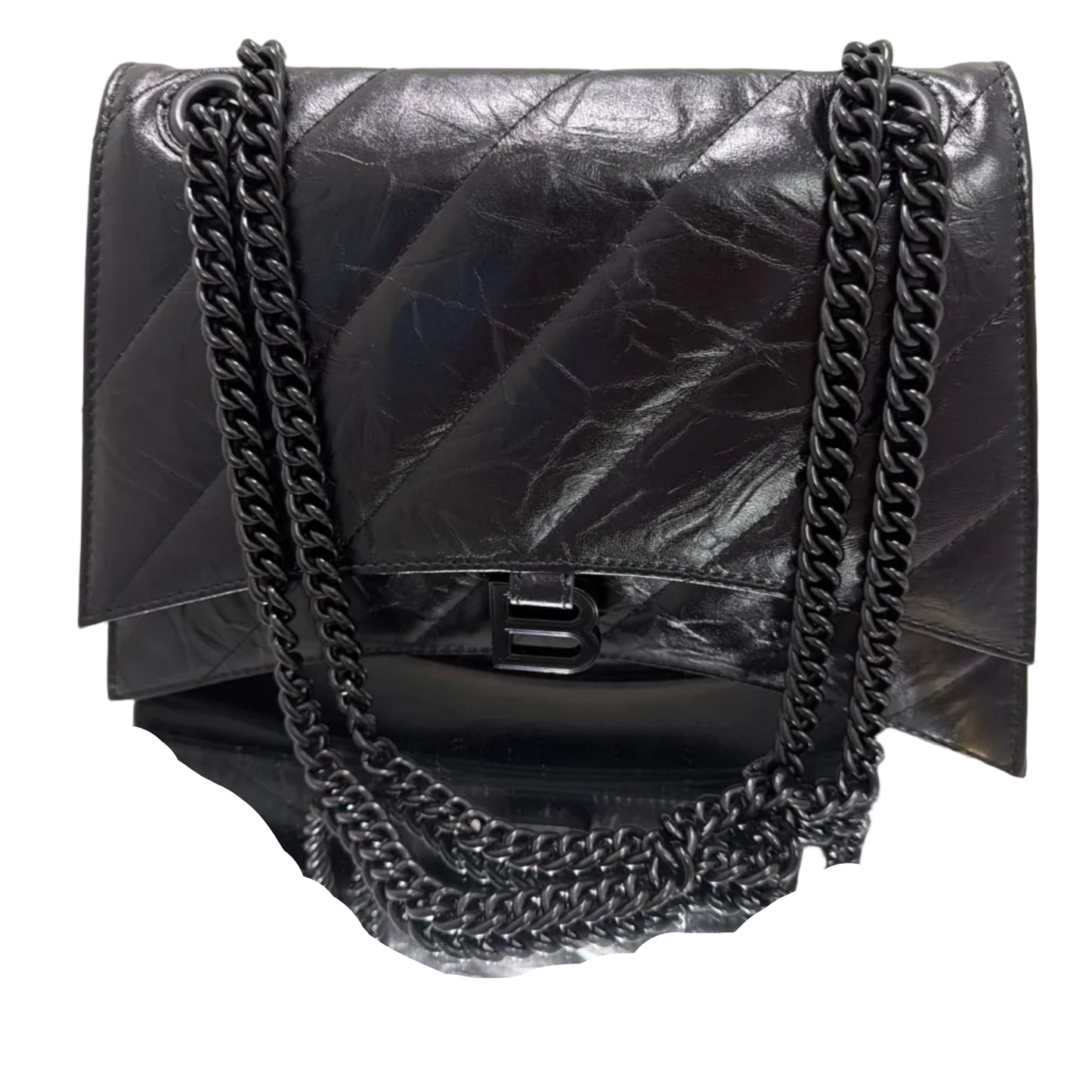 Black leather clutch with chain detail on a light background