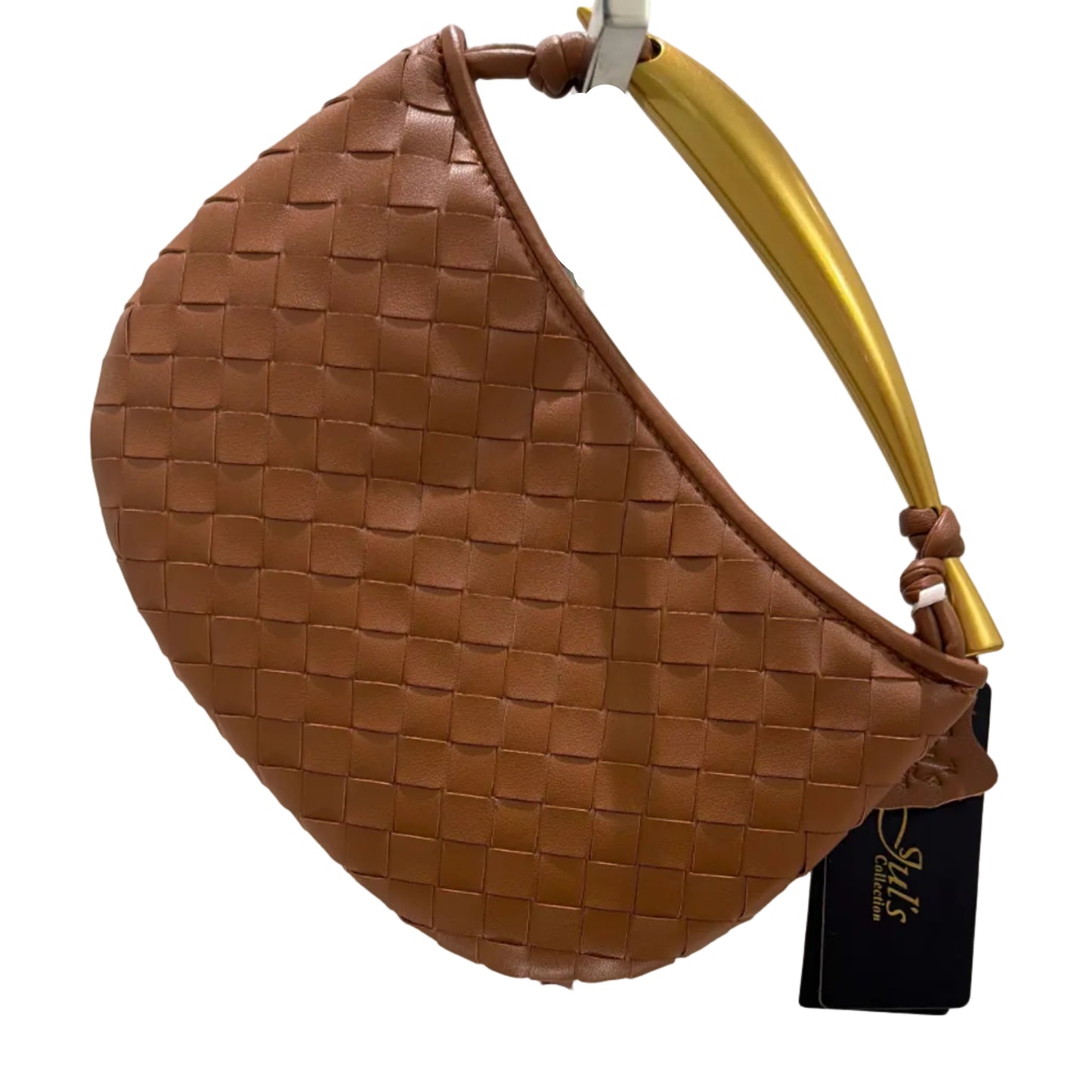 Brown woven handbag with gold handle on a white background