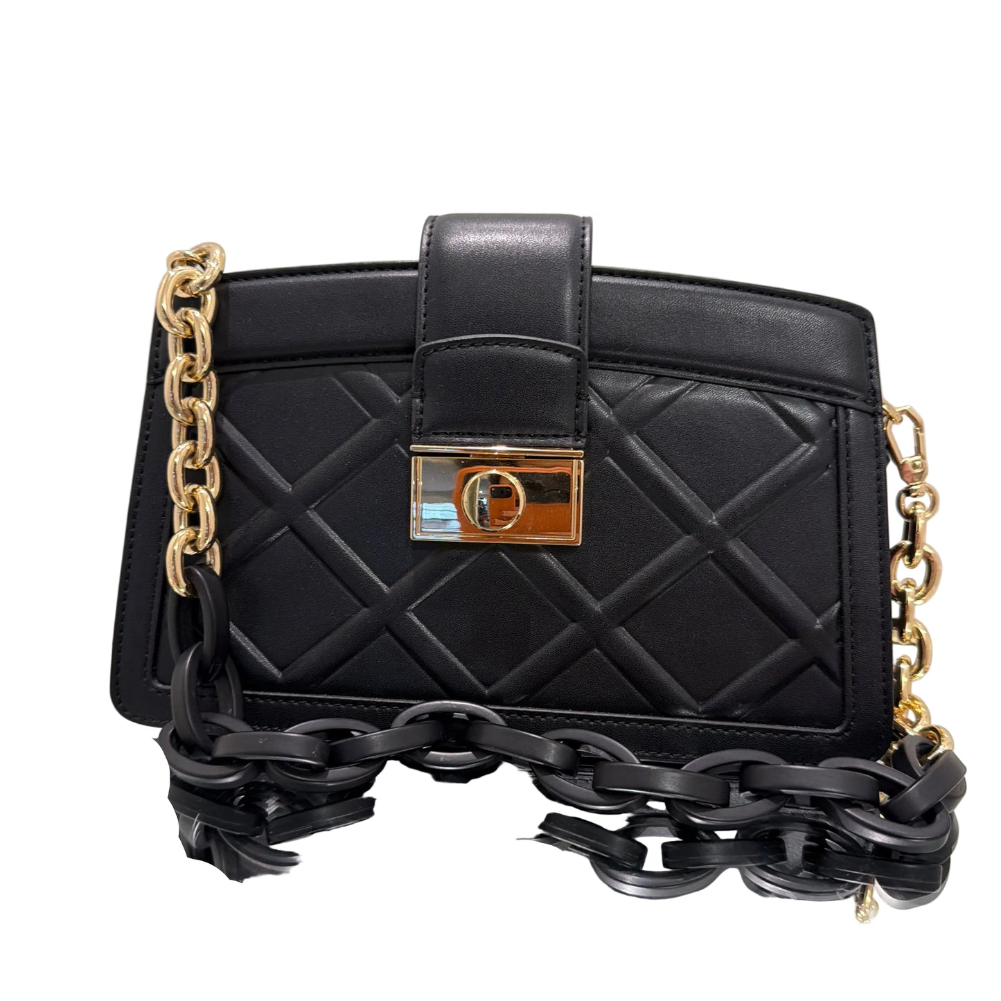 Black quilted handbag with gold chain strap on a light gray background