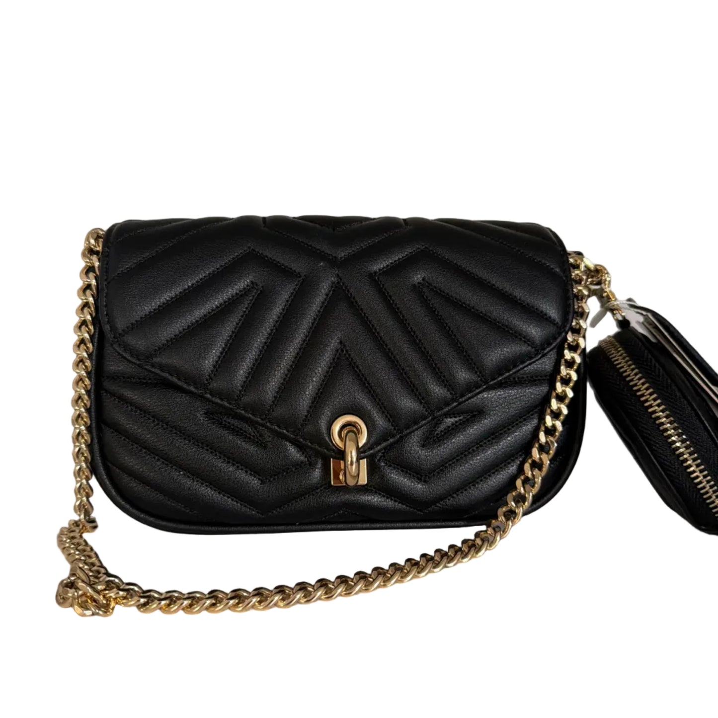 Black quilted handbag with a gold chain strap on a white background