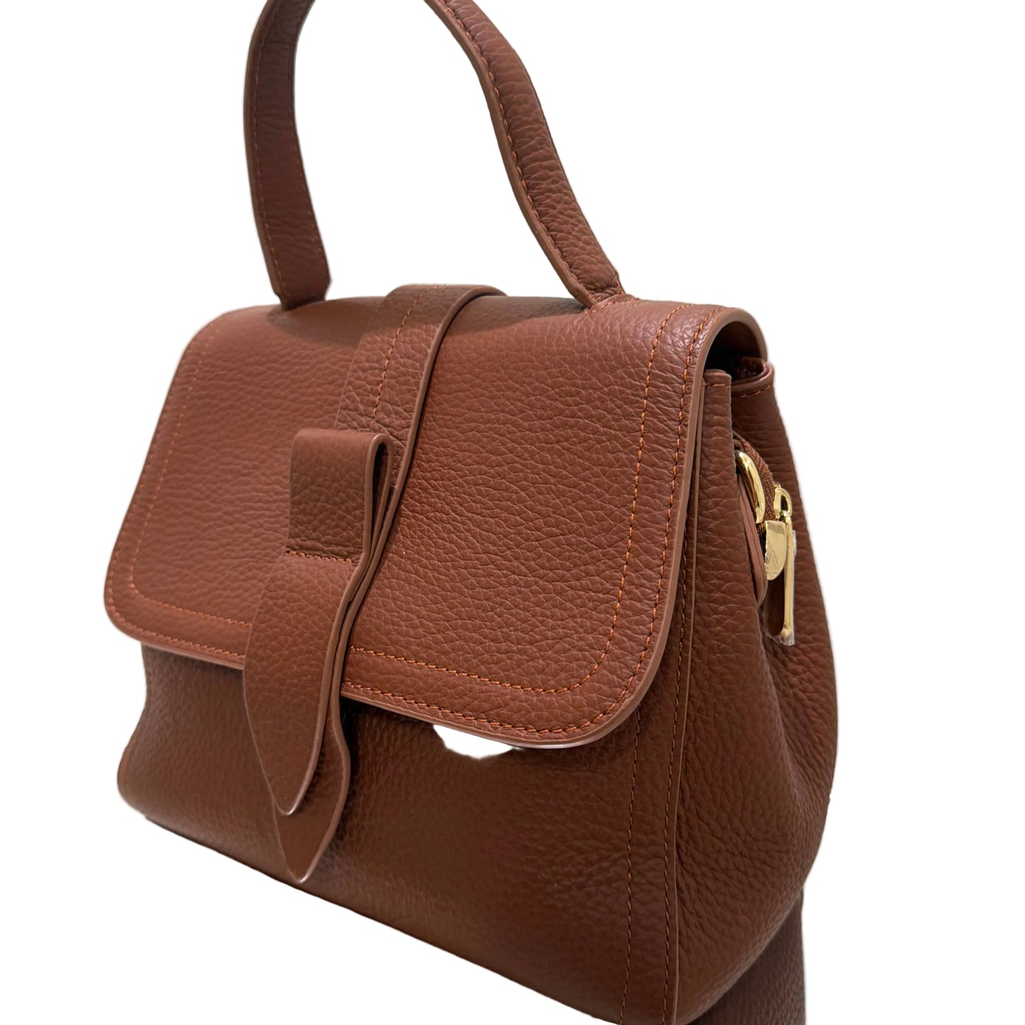 Brown leather handbag with a gold clasp on a white background
