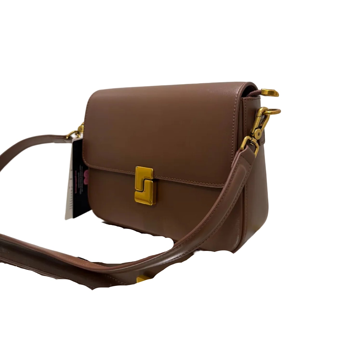 Brown handbag with gold accents on a white background