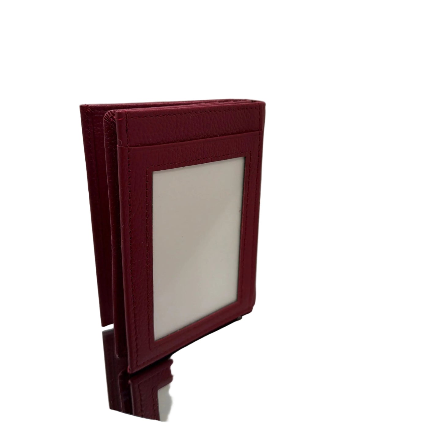 Foldable red mirror with gold frame on a white background