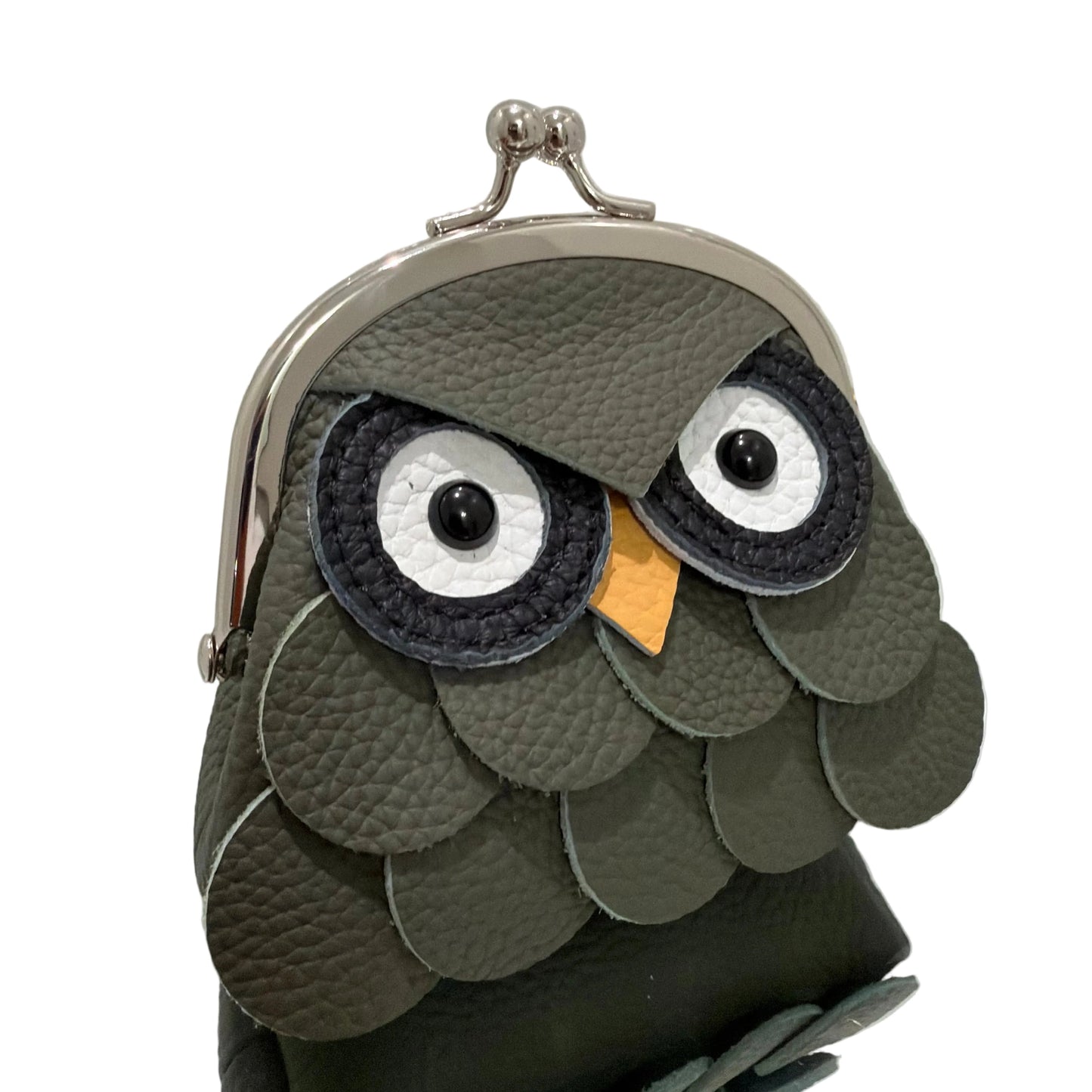 Gray owl-shaped pouch with a mirror on a white background