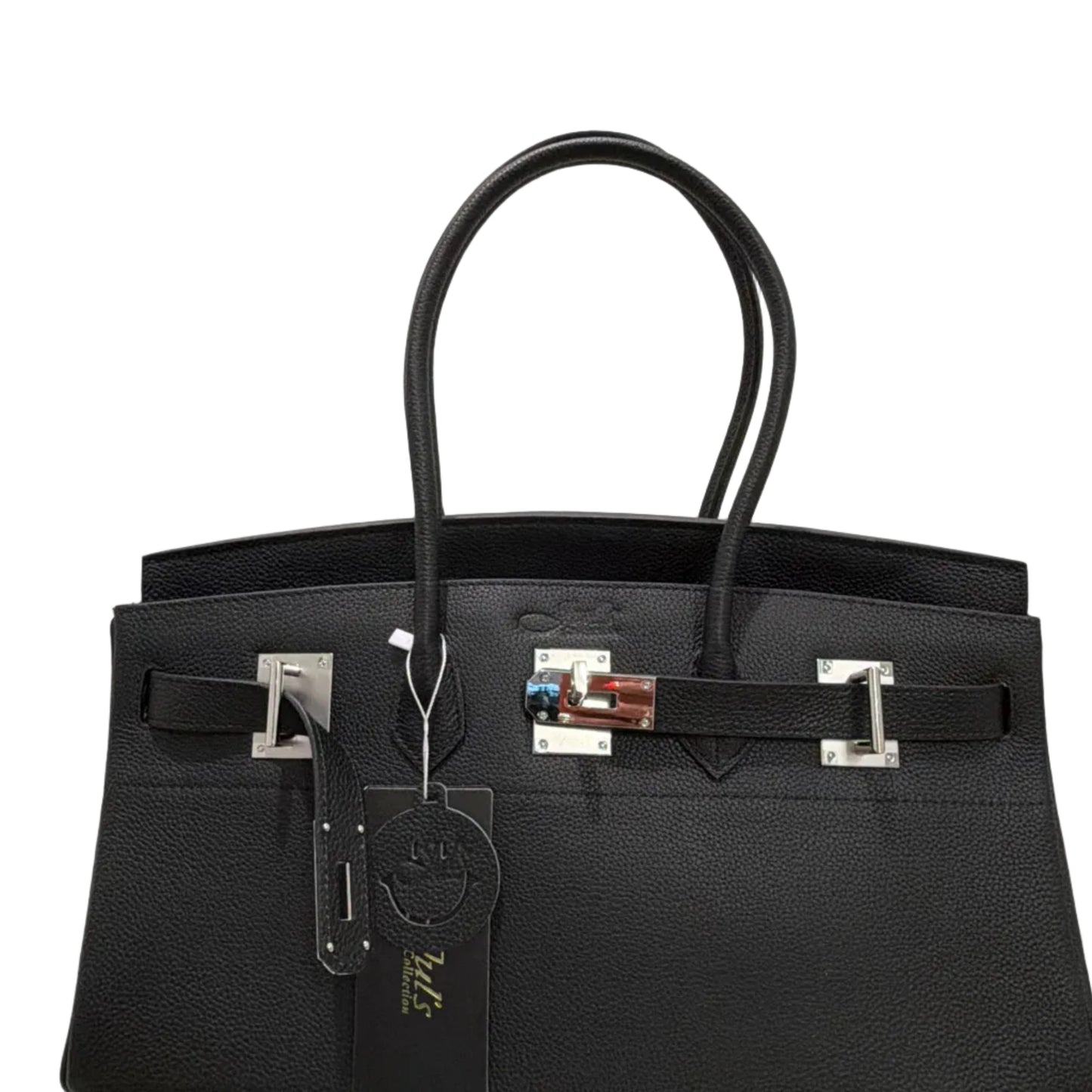 Black handbag with silver hardware on a white background