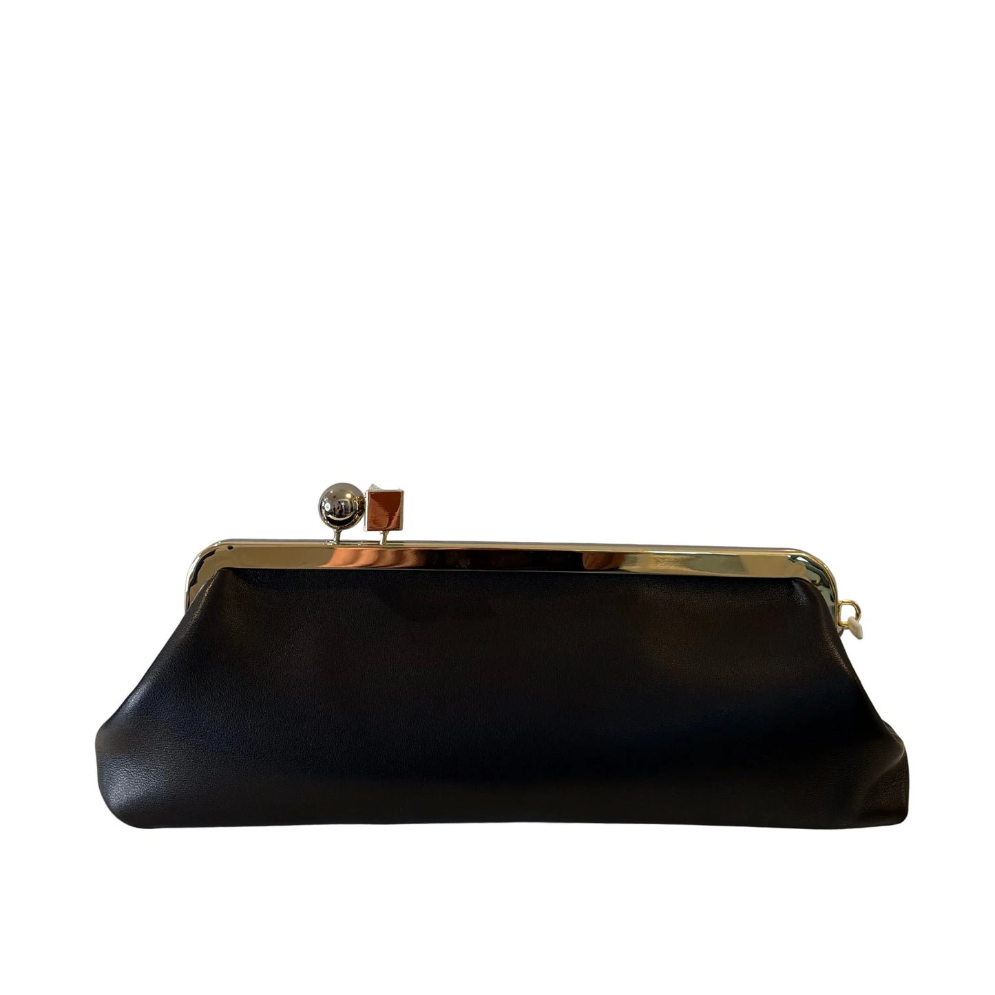 Black clutch bag with gold accents on a light gray background