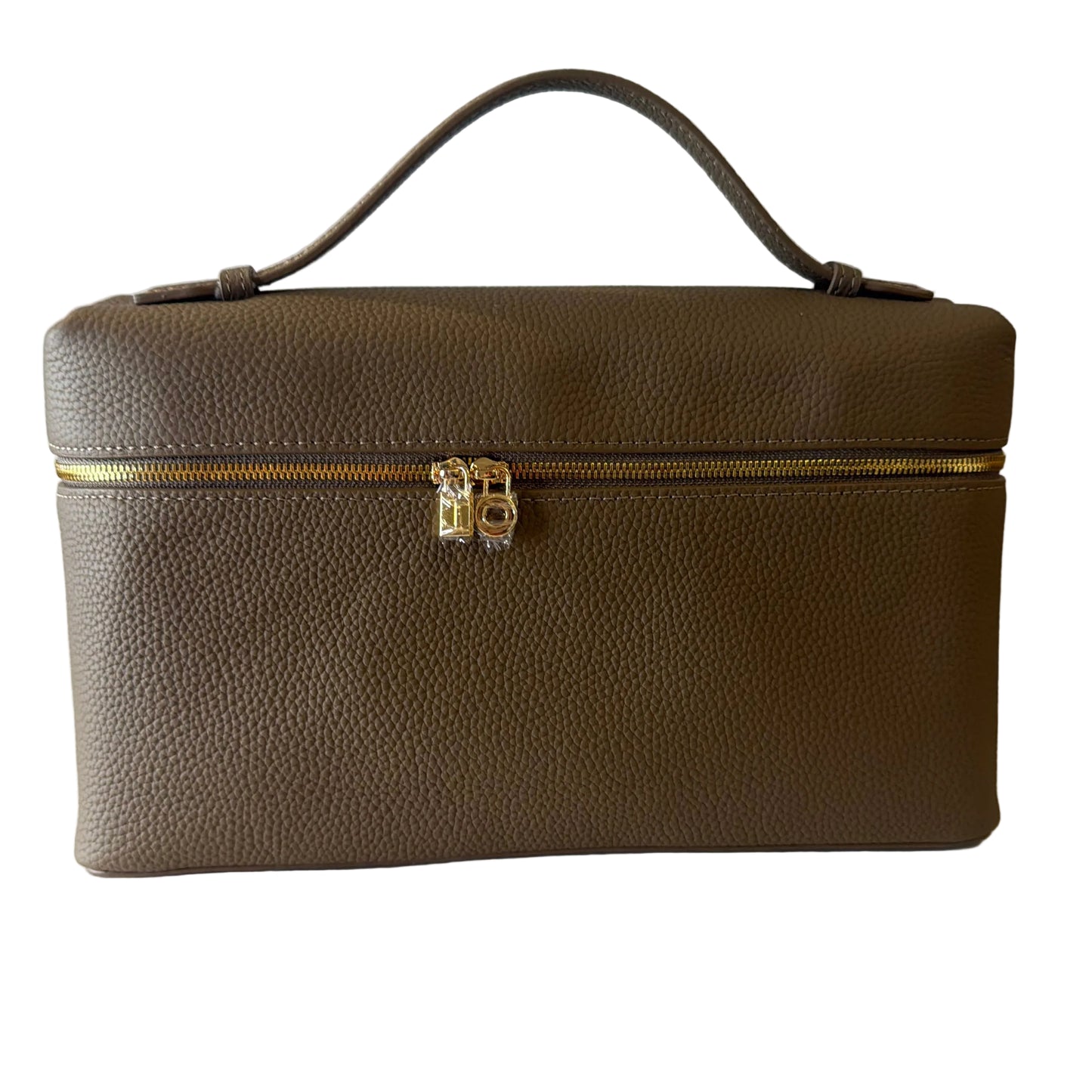 Brown leather clutch bag with a gold clasp on a white background