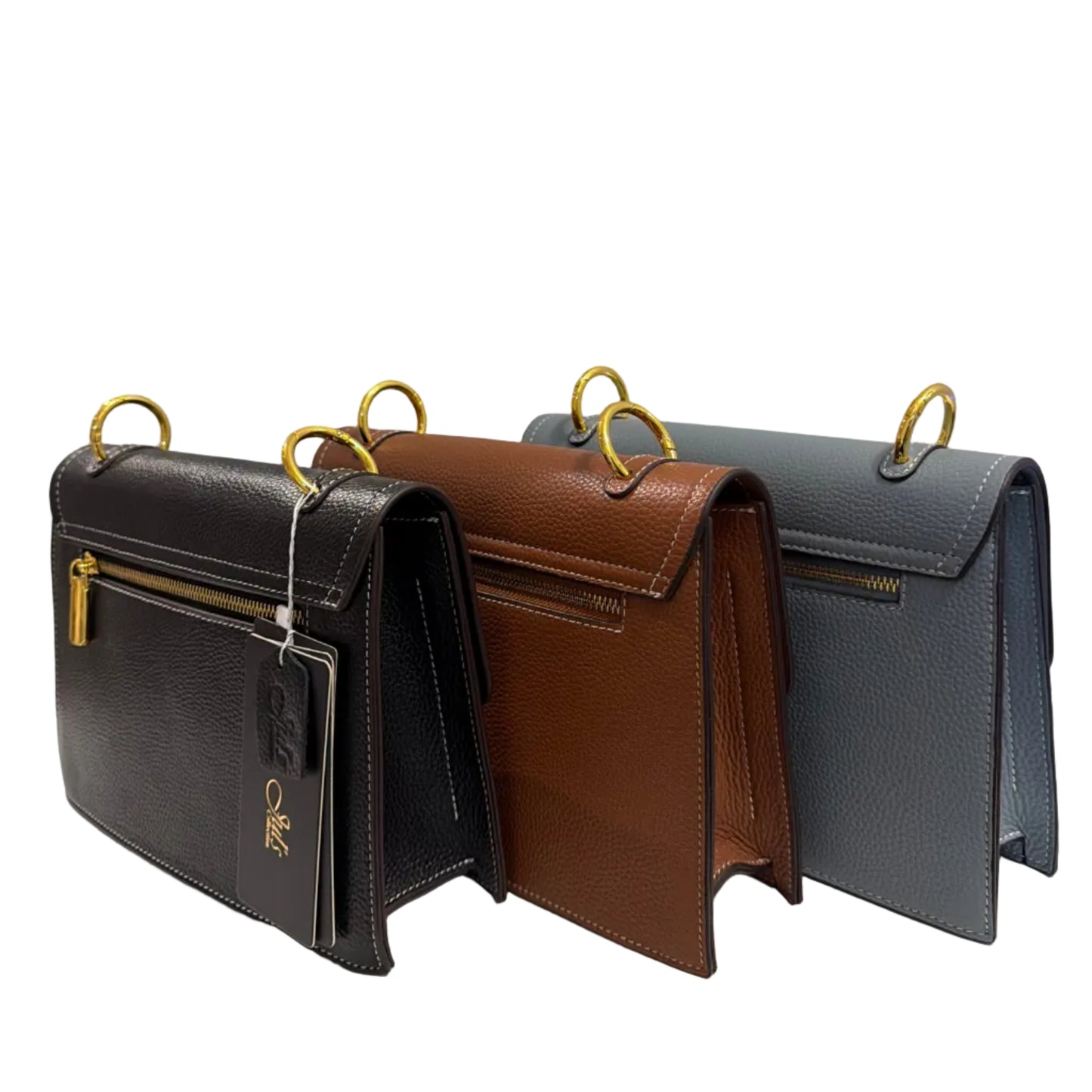 Stack of three leather wallets in gray, brown, and black on a white background