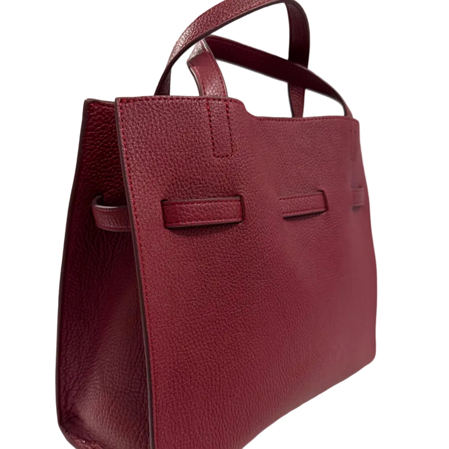 Maroon leather handbag on a light gray background
