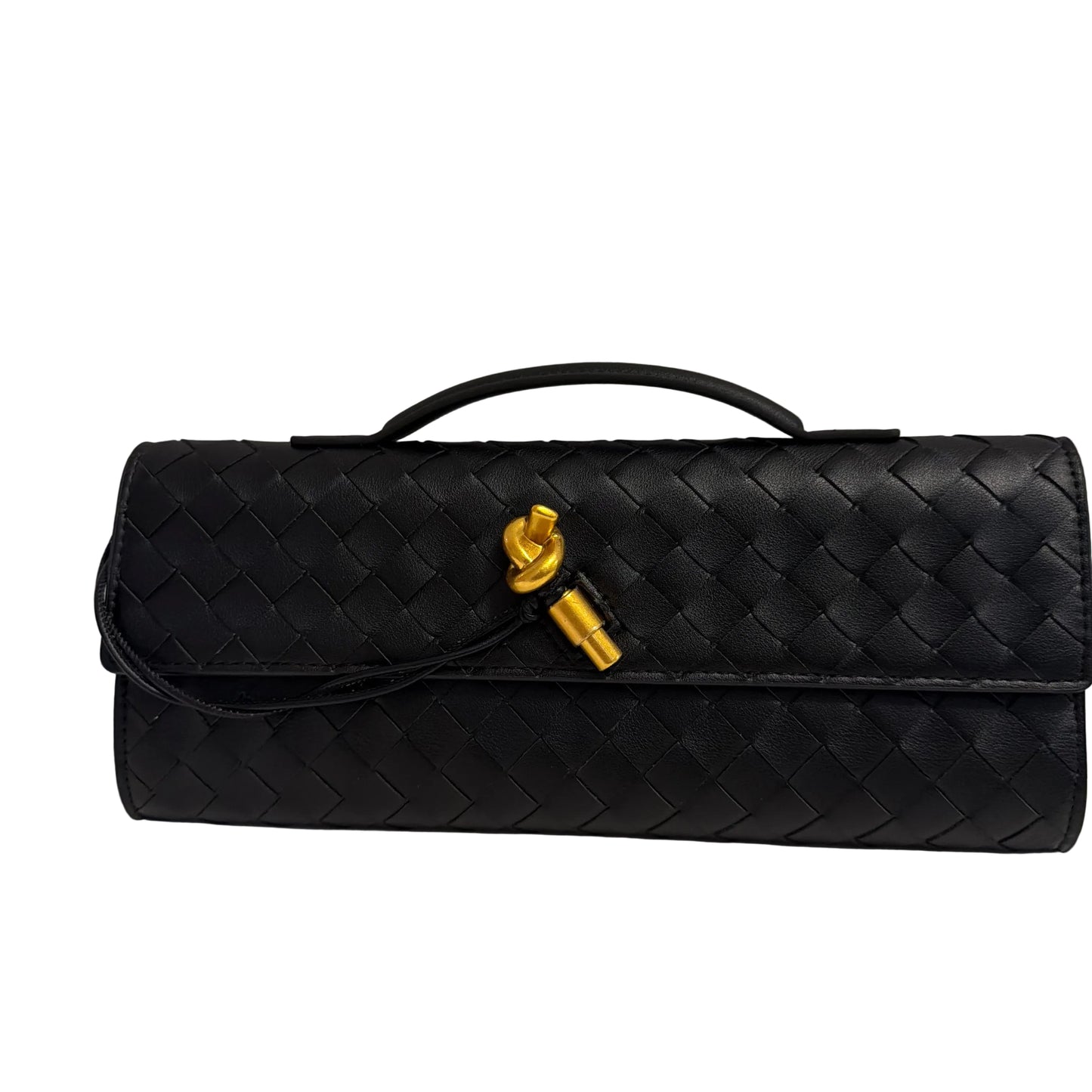Black quilted handbag with a gold clasp on a light gray background