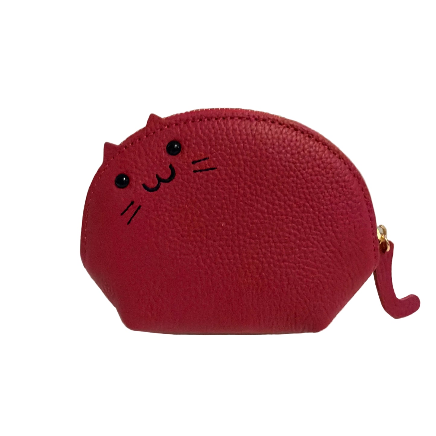 Red cat-shaped coin purse on a white surface with a light gray background