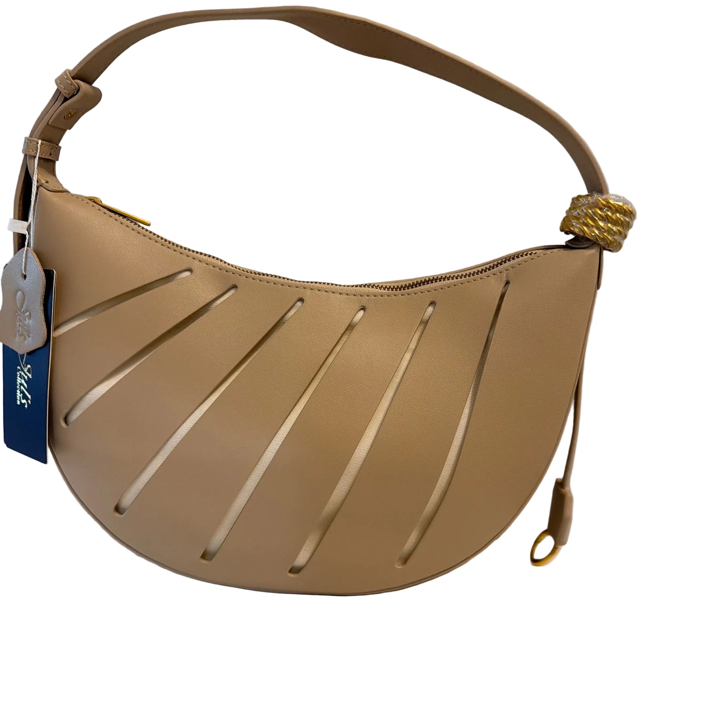 Beige handbag with a gold strap on a light gray background