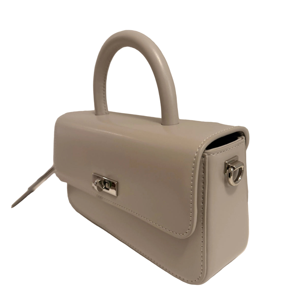 A small structured handbag in a light warm gray or taupe leather with silver-tone hardware, shown on a plain light background.
