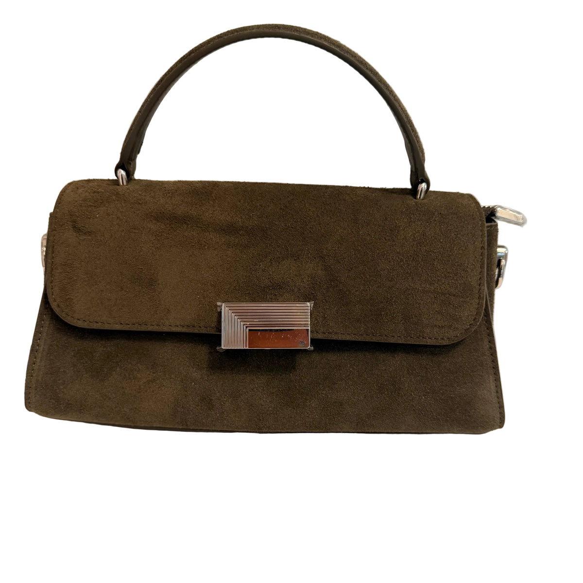 An olive green suede handbag with a top handle and a silver-tone geometric clasp, shown on a plain light background.