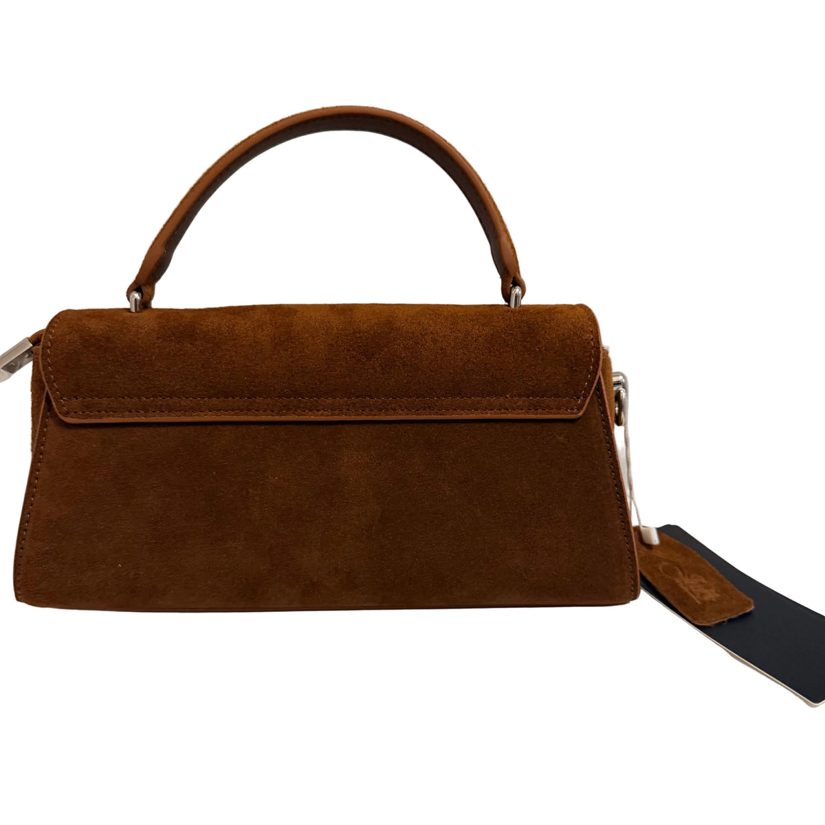 A brown suede handbag with a top handle, shown on a plain light background with a hangtag attached.