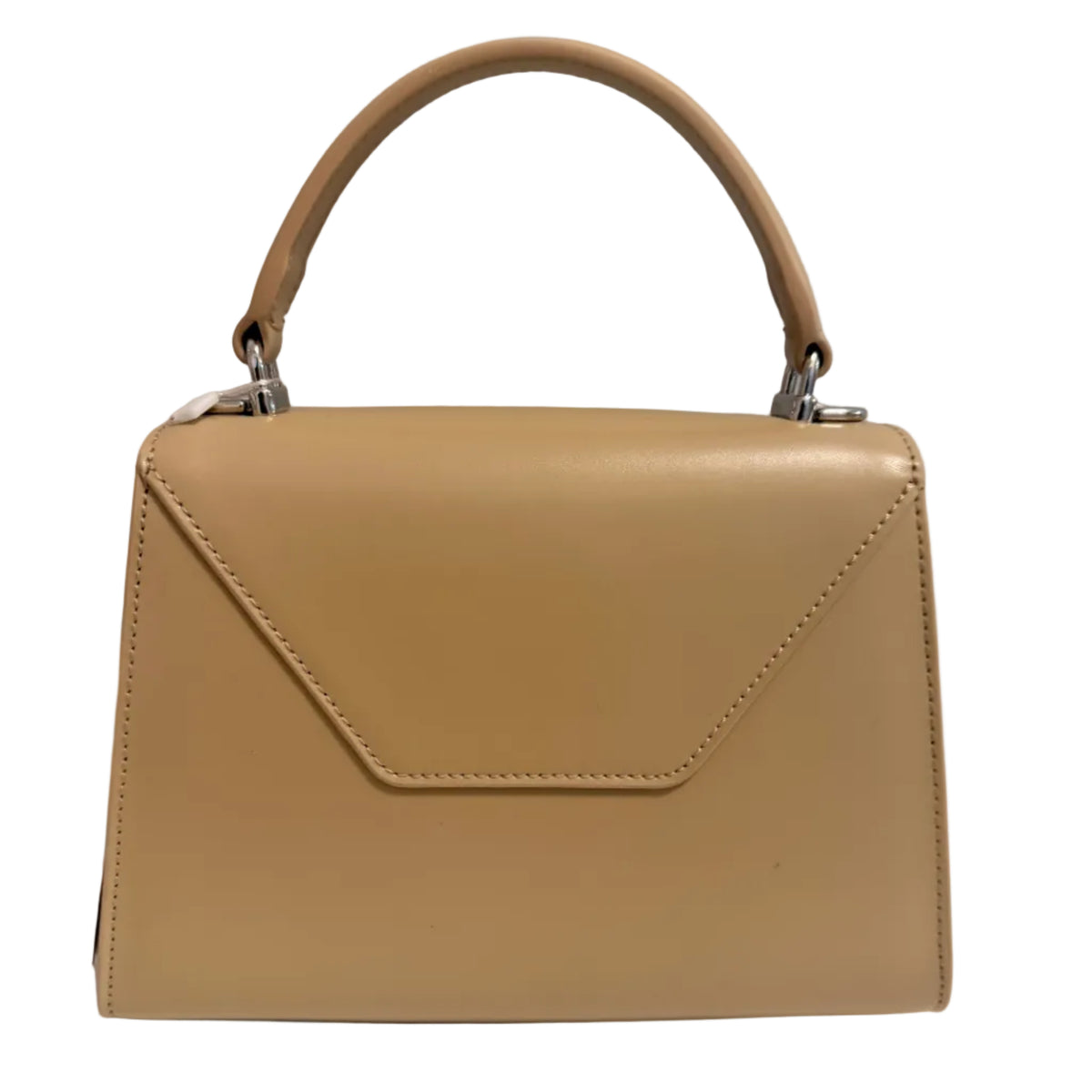 A structured beige leather handbag with a top handle, shown from a side angle against a split gray and white background.