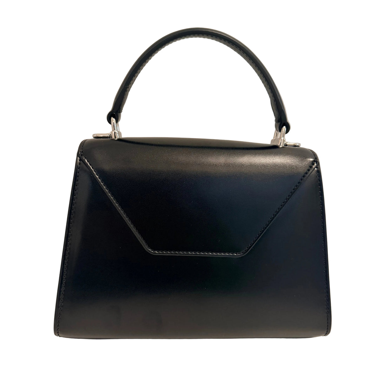 A black leather handbag with a structured envelope-style front flap, a top handle, and silver-tone hardware, photographed against a plain light background.