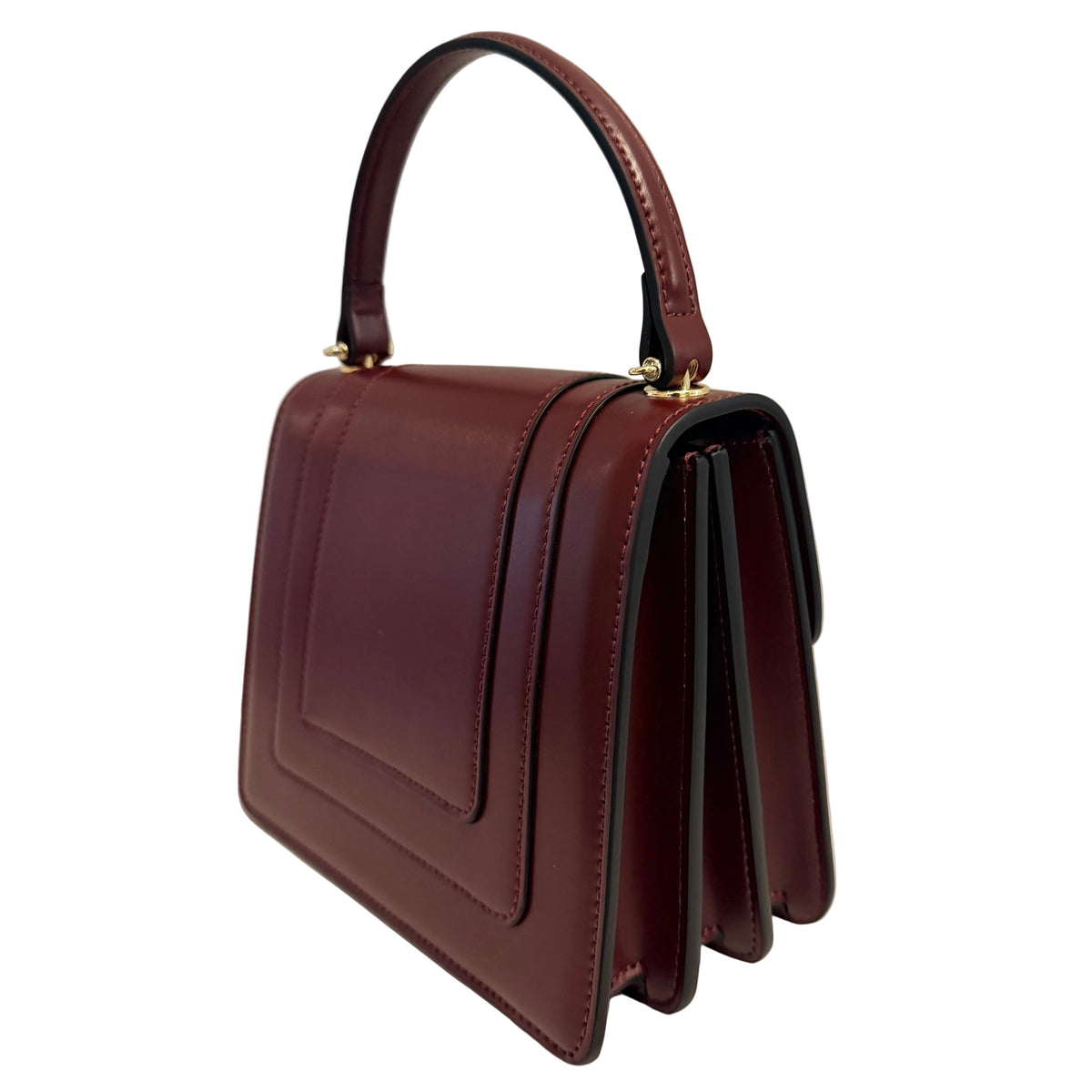 A dark burgundy leather card holder wallet with a top handle, shown from an angled perspective against a plain off-white background.