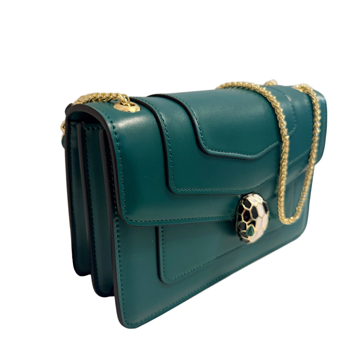 A teal green leather shoulder bag with a gold chain strap and a silver snake-head clasp, shown against a plain light background.