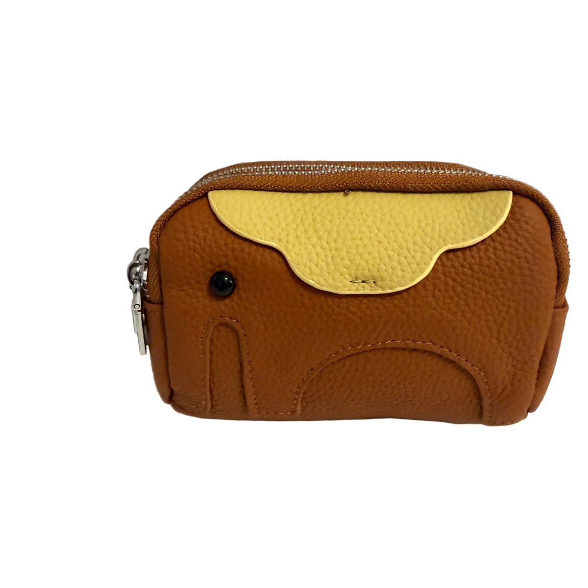 A small brown pebbled leather zip pouch shaped like an elephant, featuring a light yellow textured flap on top, a black button for the eye, and a silver zipper pull.