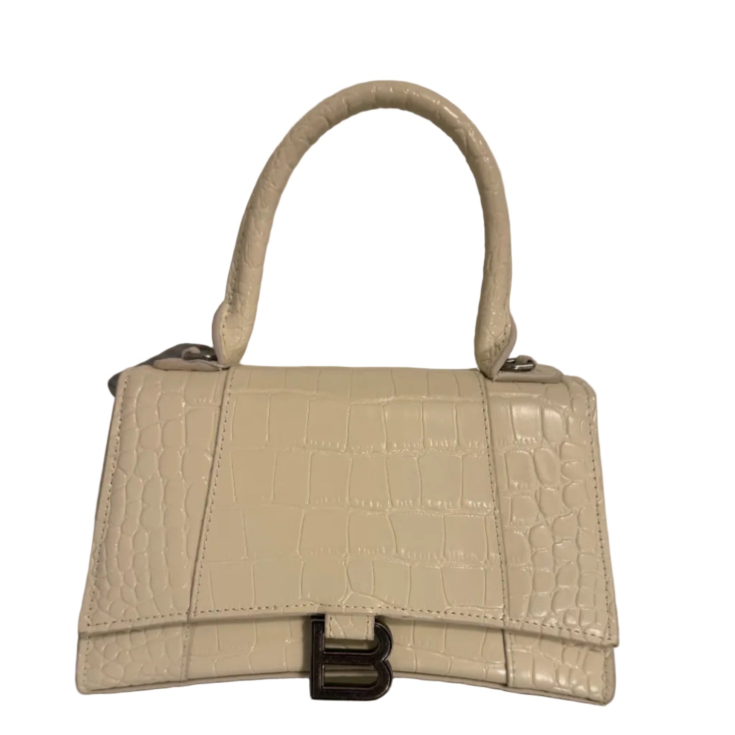 Beige textured handbag with a black clasp on a neutral background