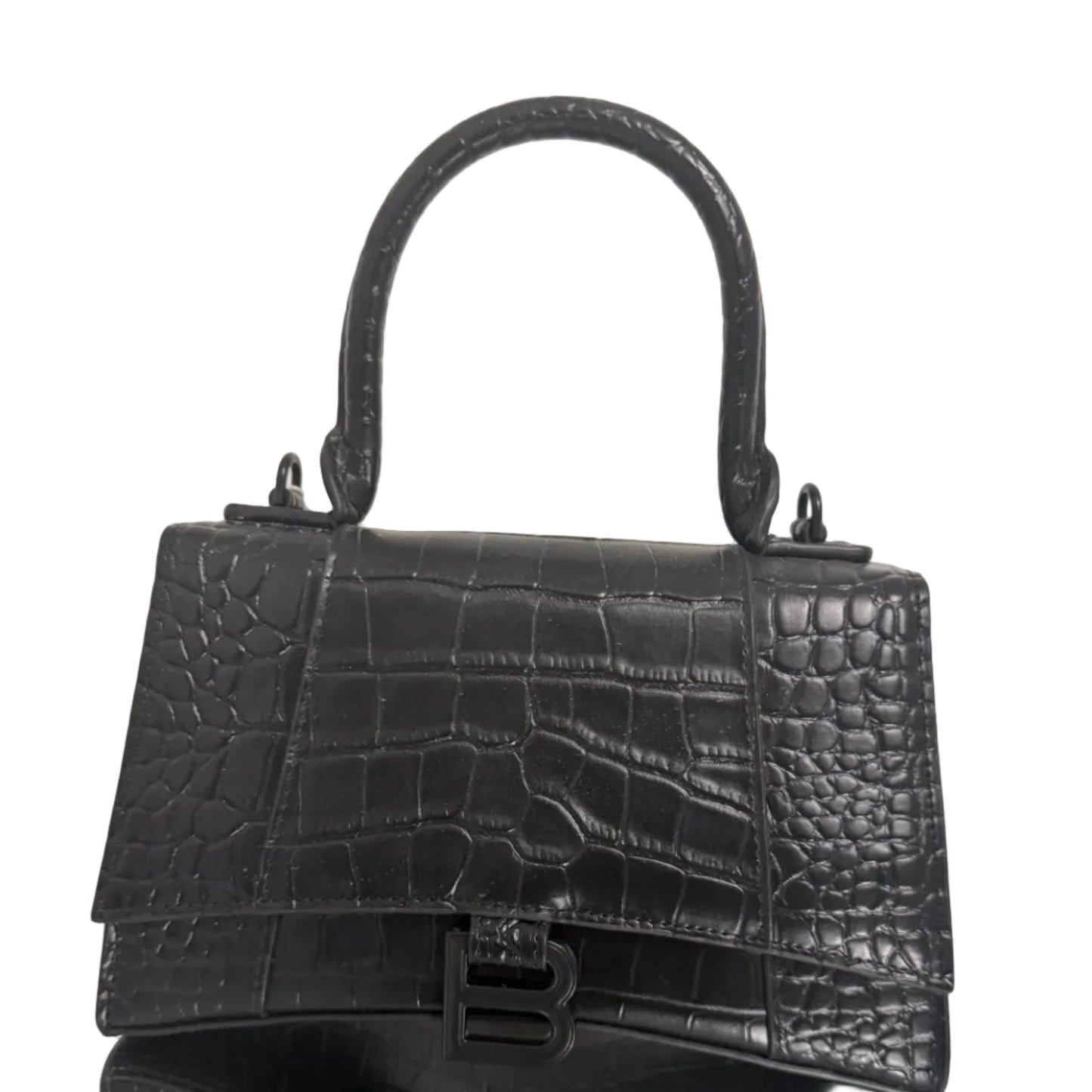 Black crocodile-patterned handbag on a light background