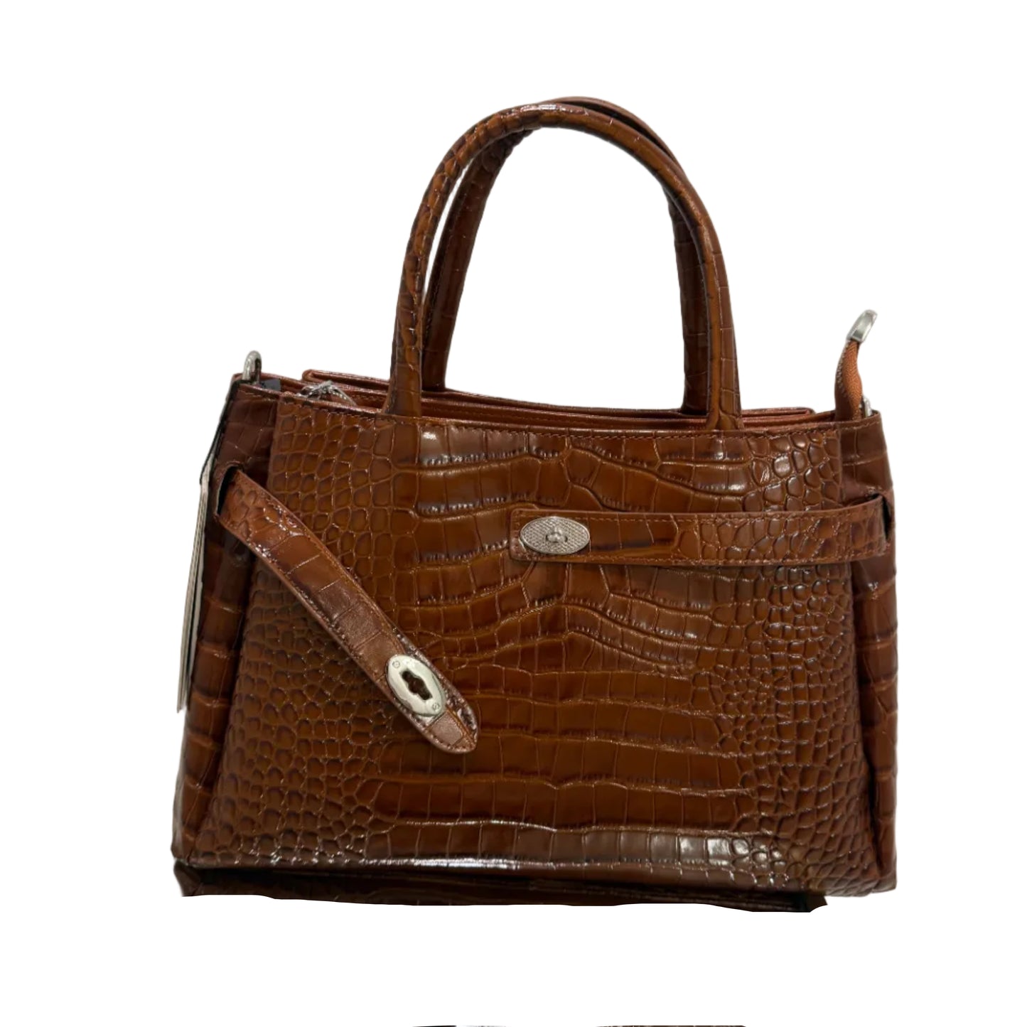 Brown crocodile-patterned handbag with silver hardware on a light gray background