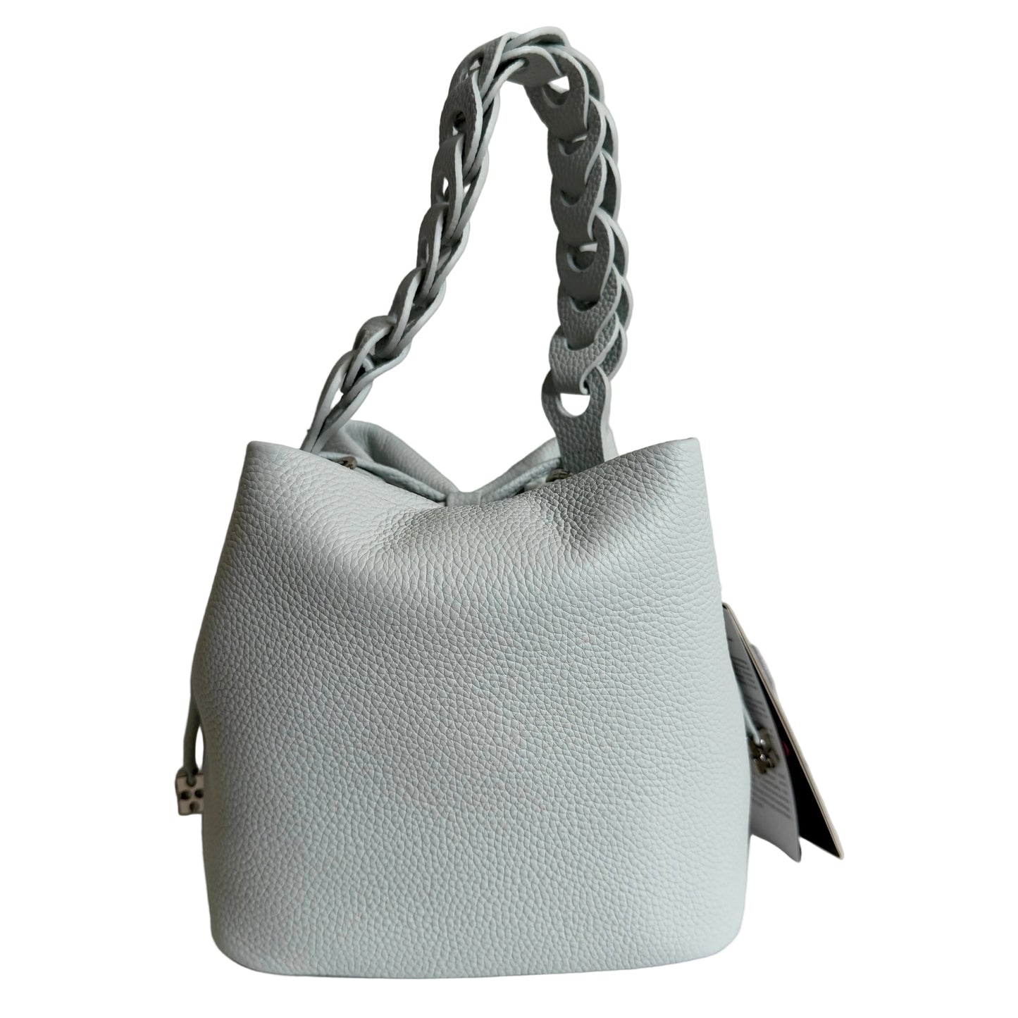 Light blue handbag with a braided handle on a light gray background