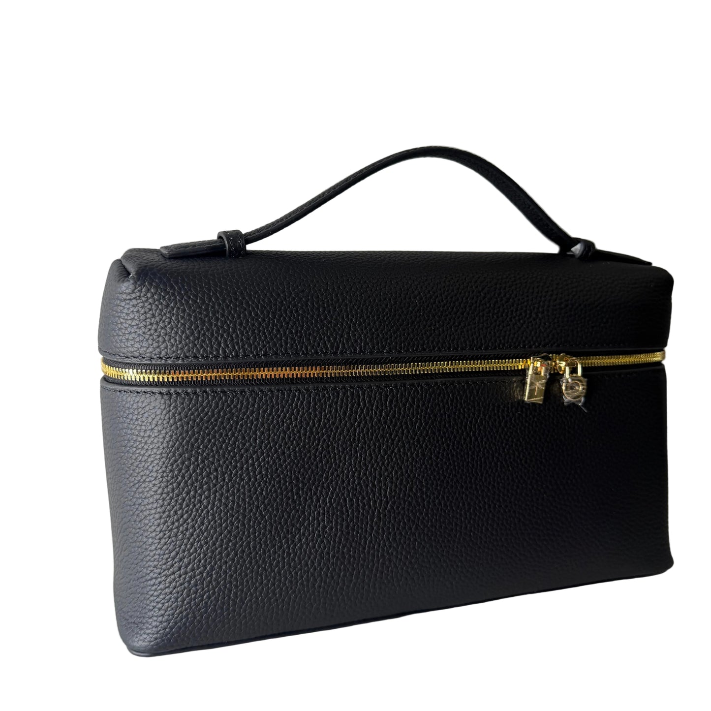 Black handbag with gold zipper on a white background
