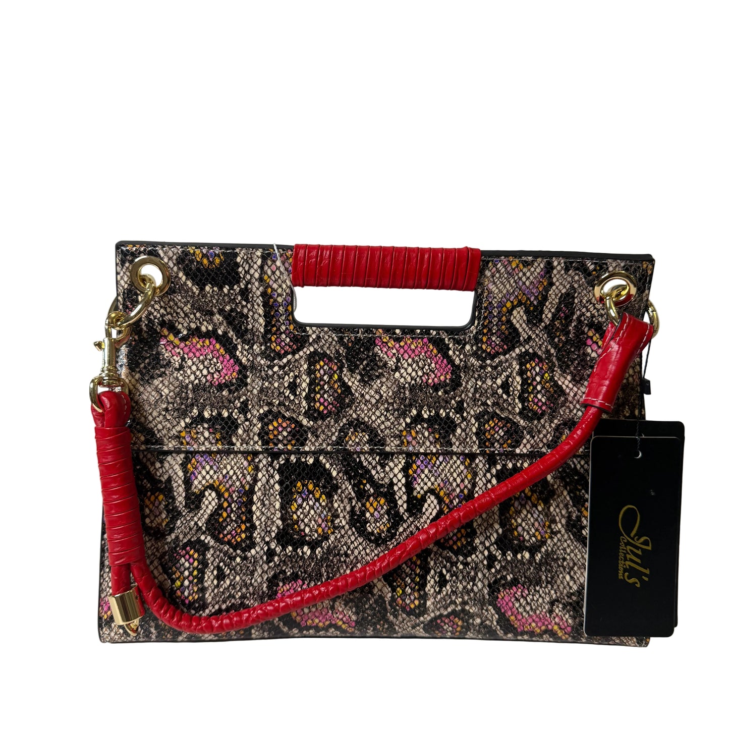 Patterned pouch with red strap on a white background