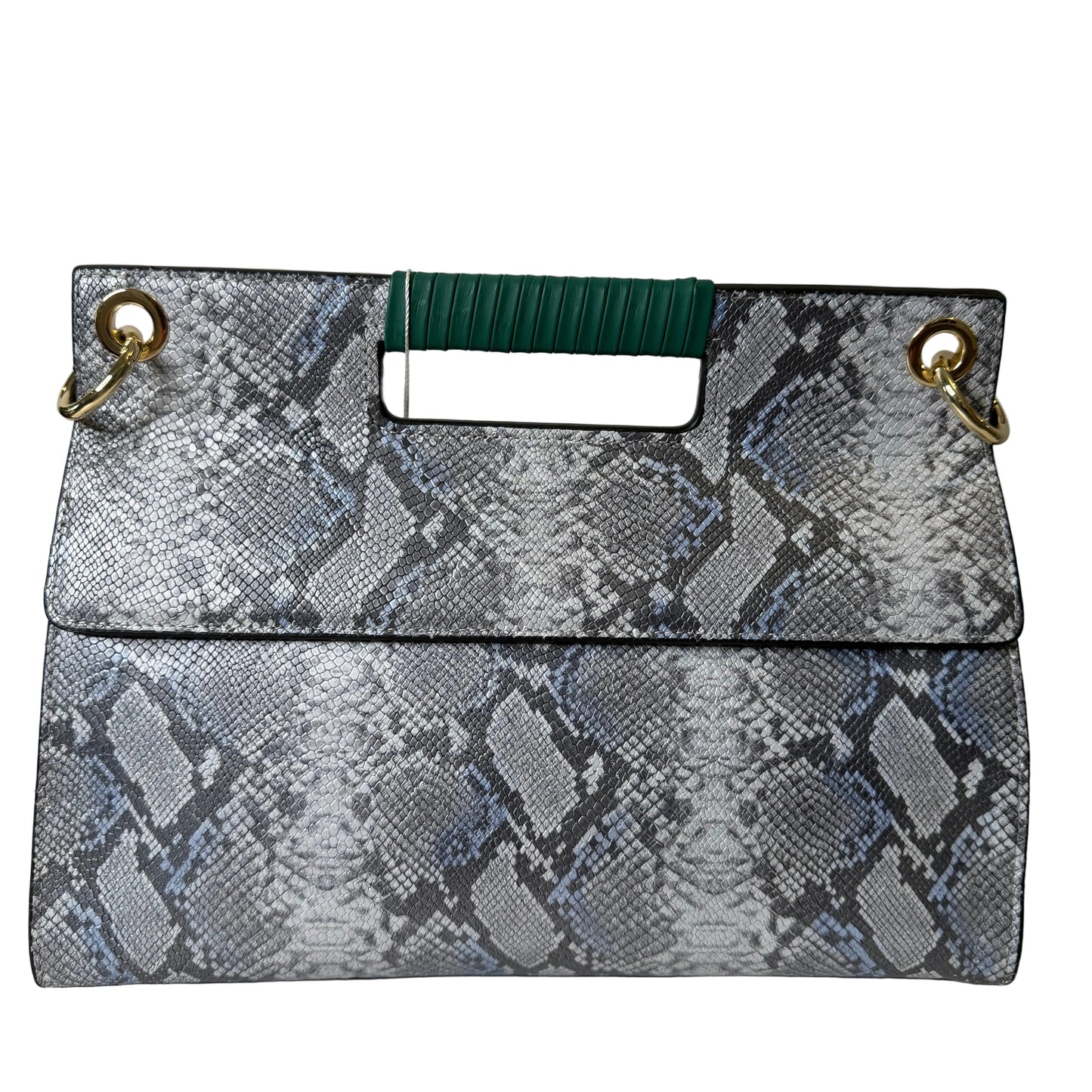 Snakeskin patterned wallet with green accent on a white background
