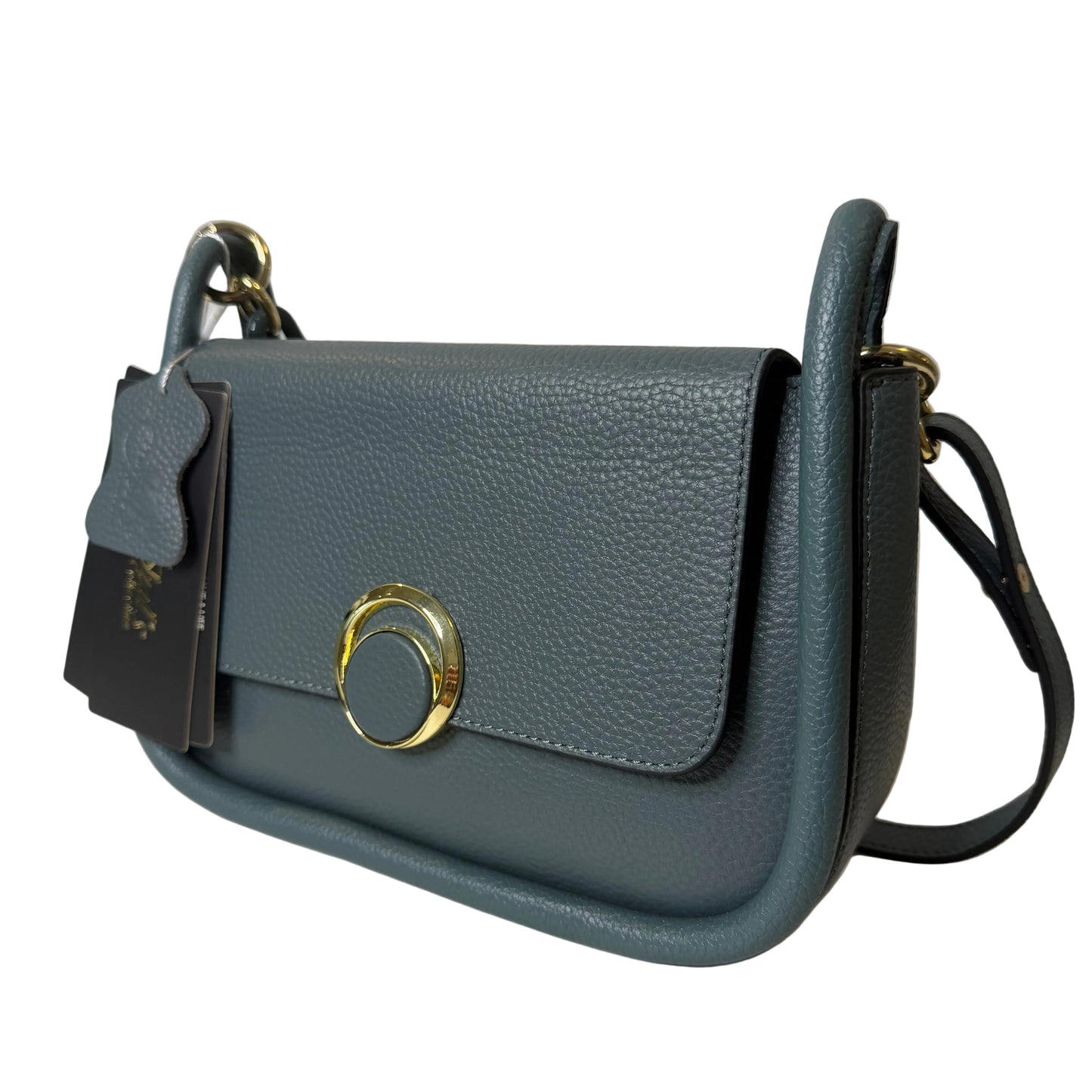 Blue handbag with gold clasp on a light gray background