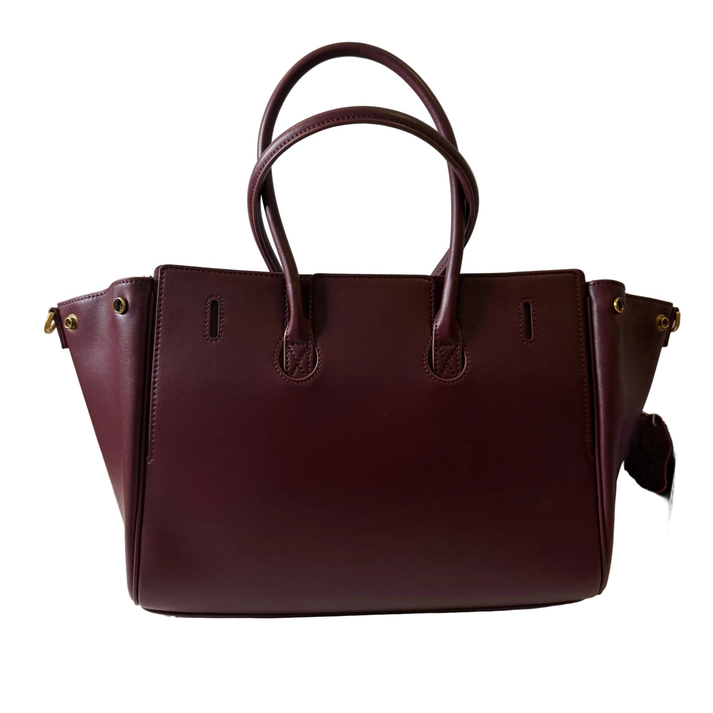 Brown leather handbag on a white surface
