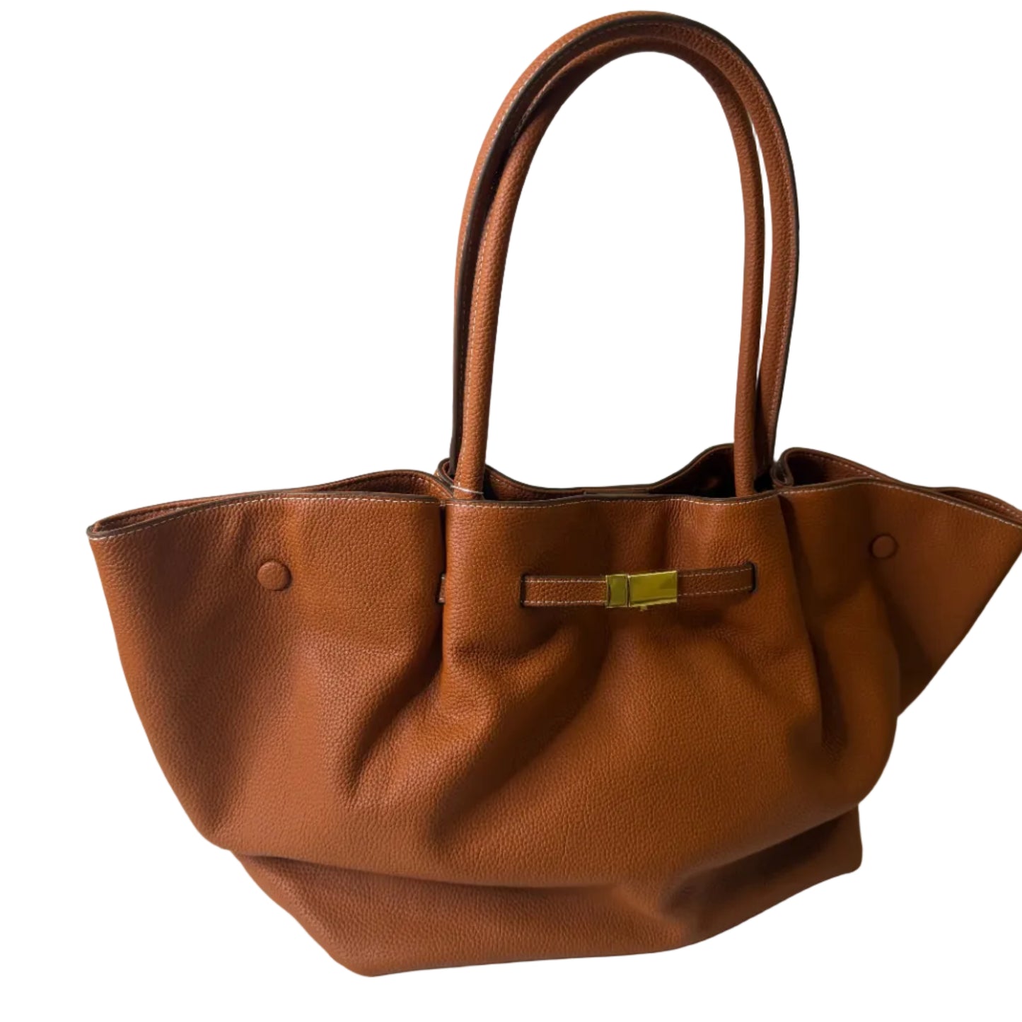 Brown leather handbag on a light gray background