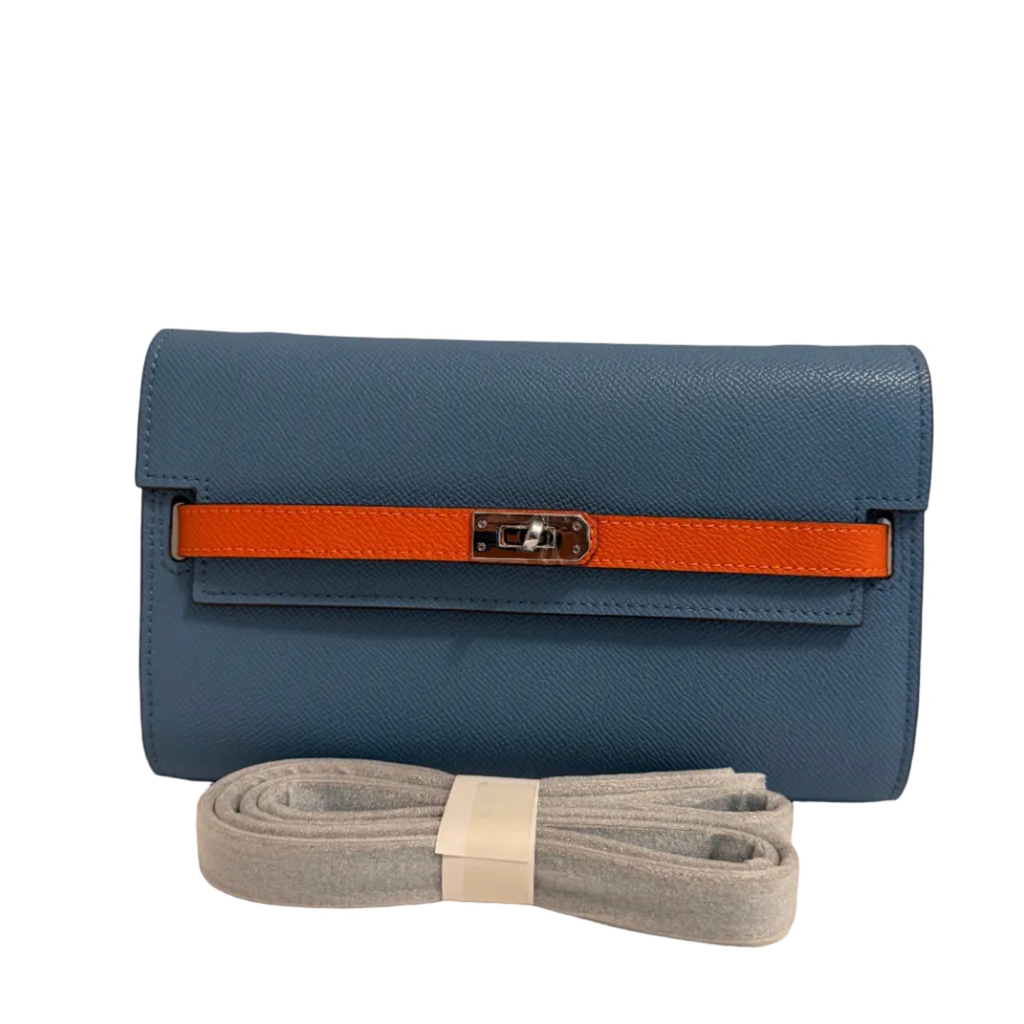 Blue wallet with orange strap and gray lanyard on a beige background