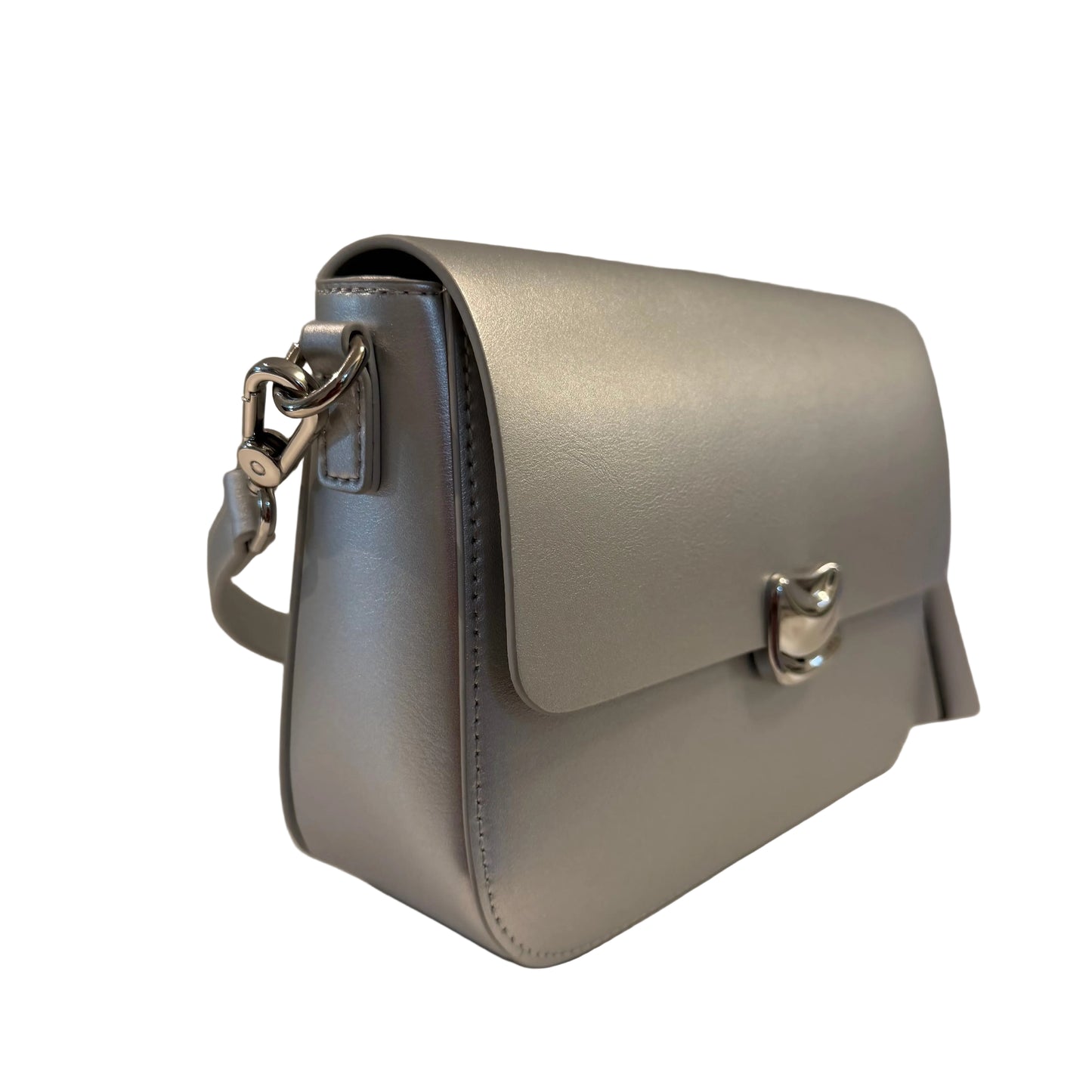 Gray handbag with a silver clasp on a neutral background
