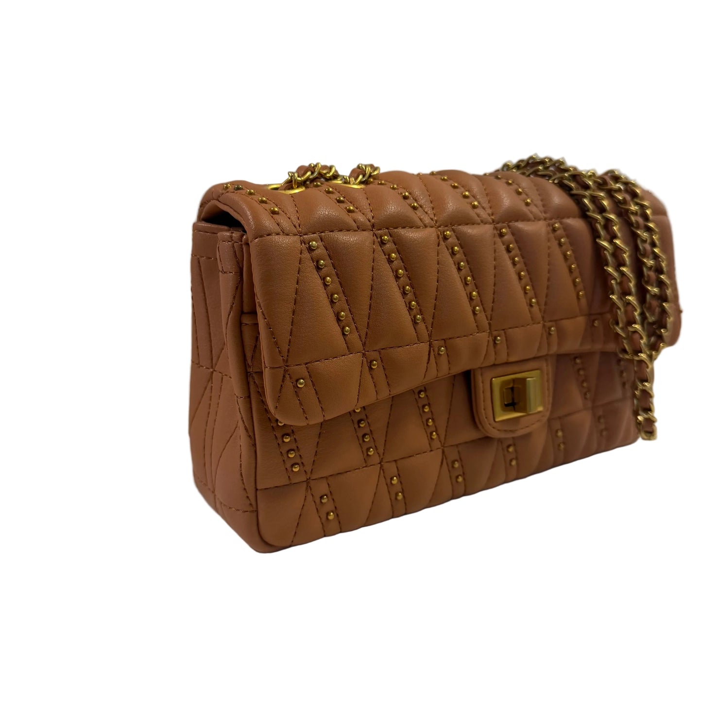 Brown quilted handbag with gold chain on a white surface