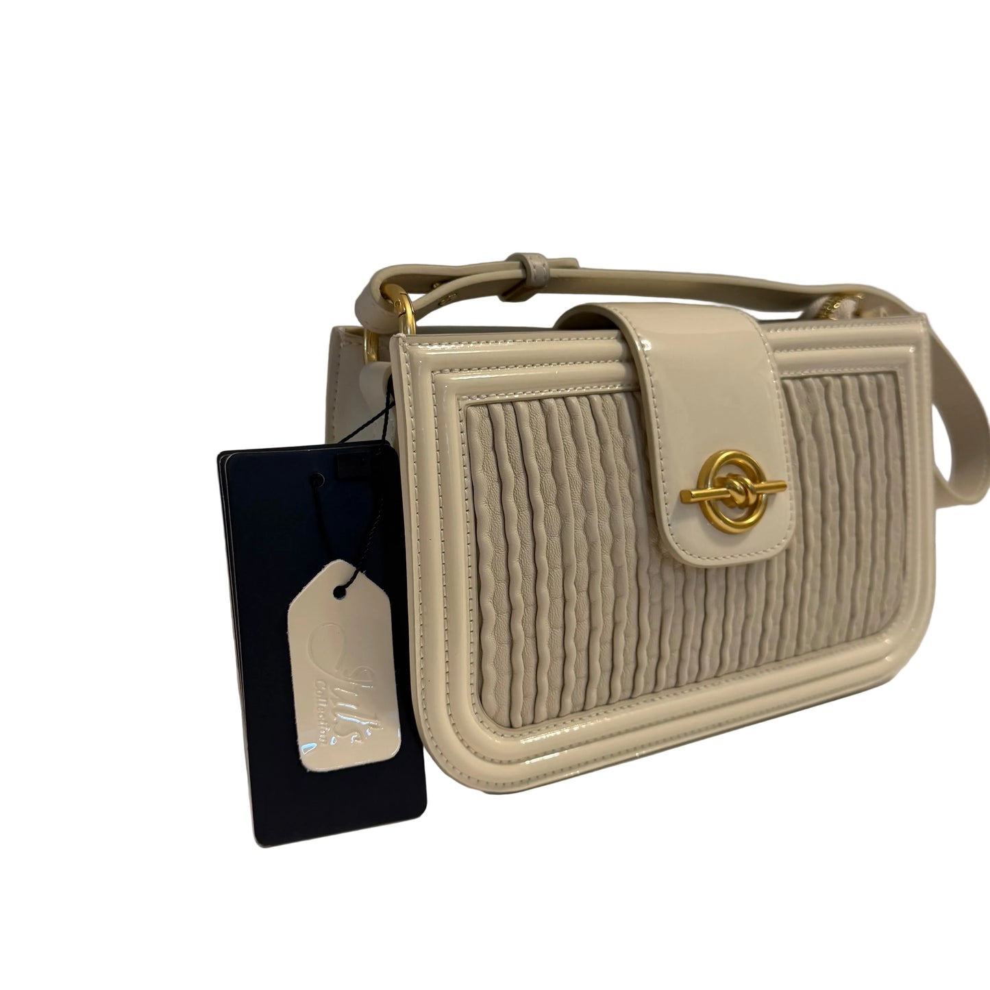 Beige handbag with gold accents on a light gray background
