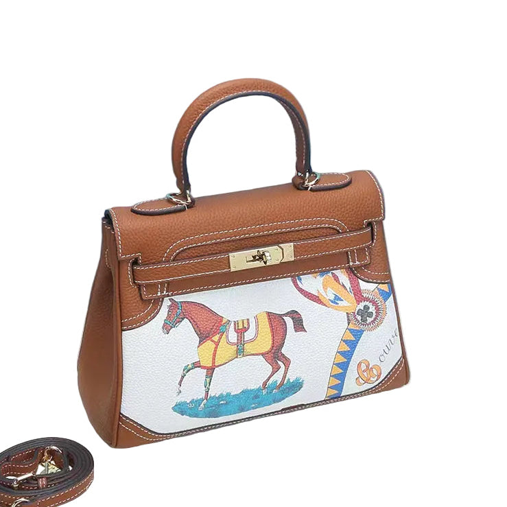 Brown handbag with a colorful horse design on a white background