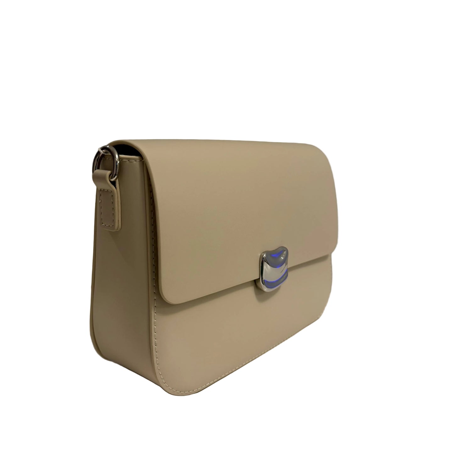 Beige handbag with a decorative clasp on a light gray background