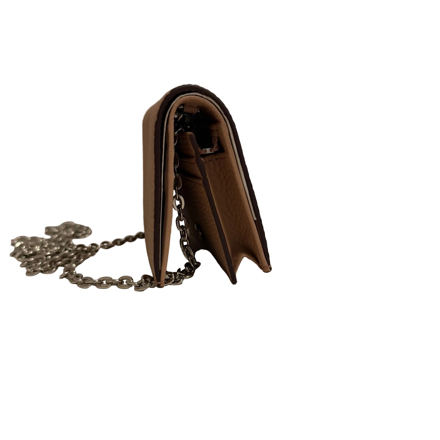 Brown leather wallet with a chain on a white surface
