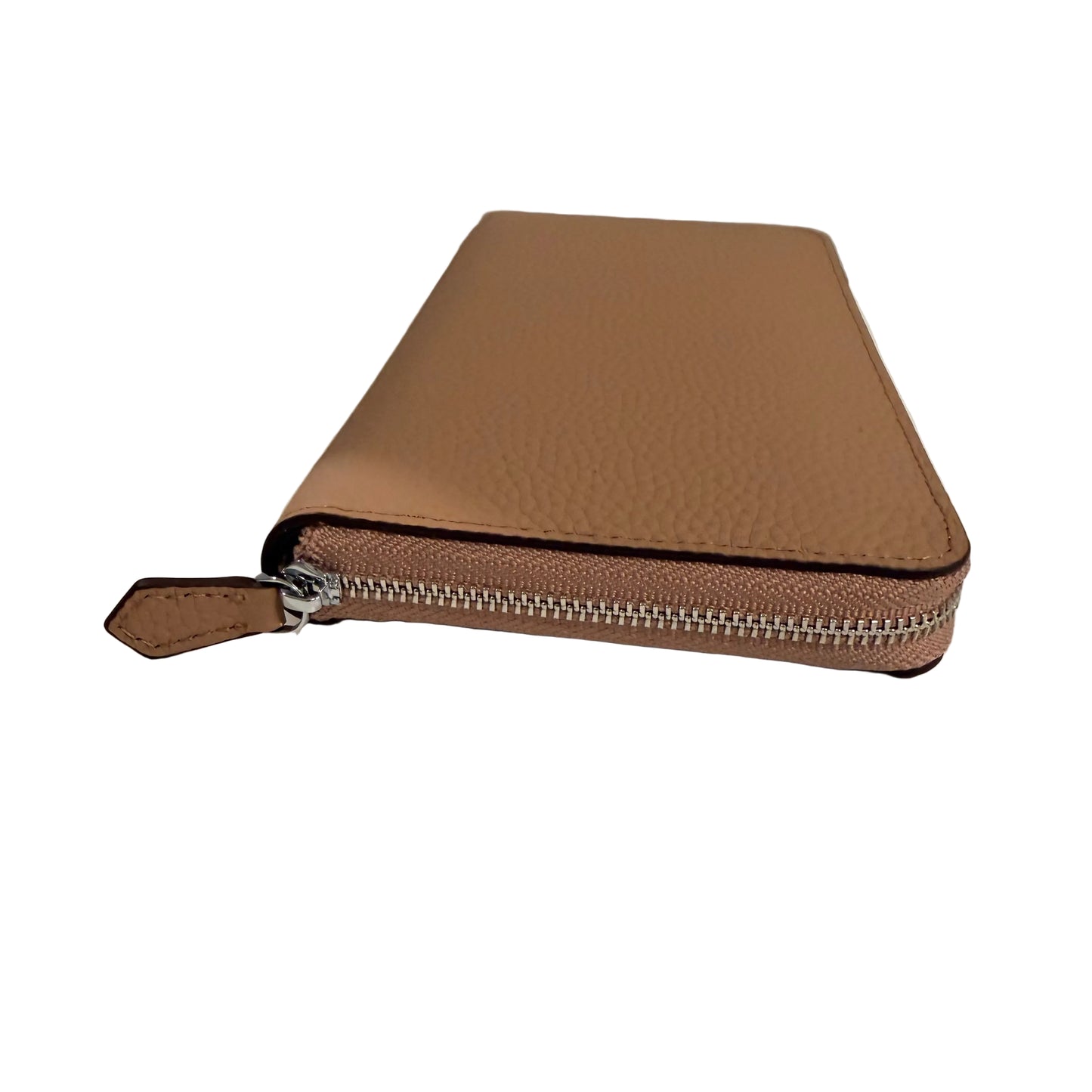 Brown leather zippered case on a white surface with a gray background