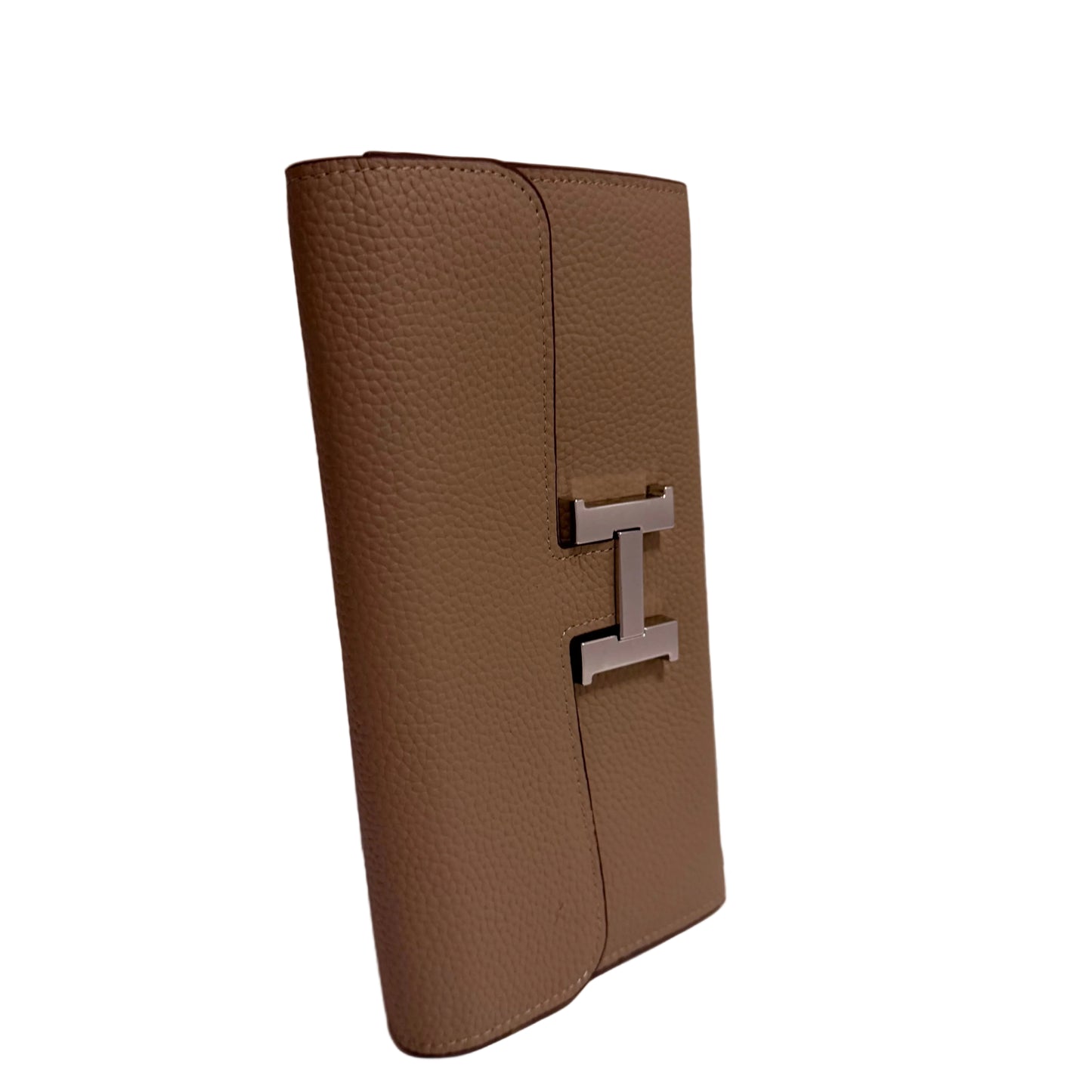 Brown leather wallet with a silver 'H' logo on a white background