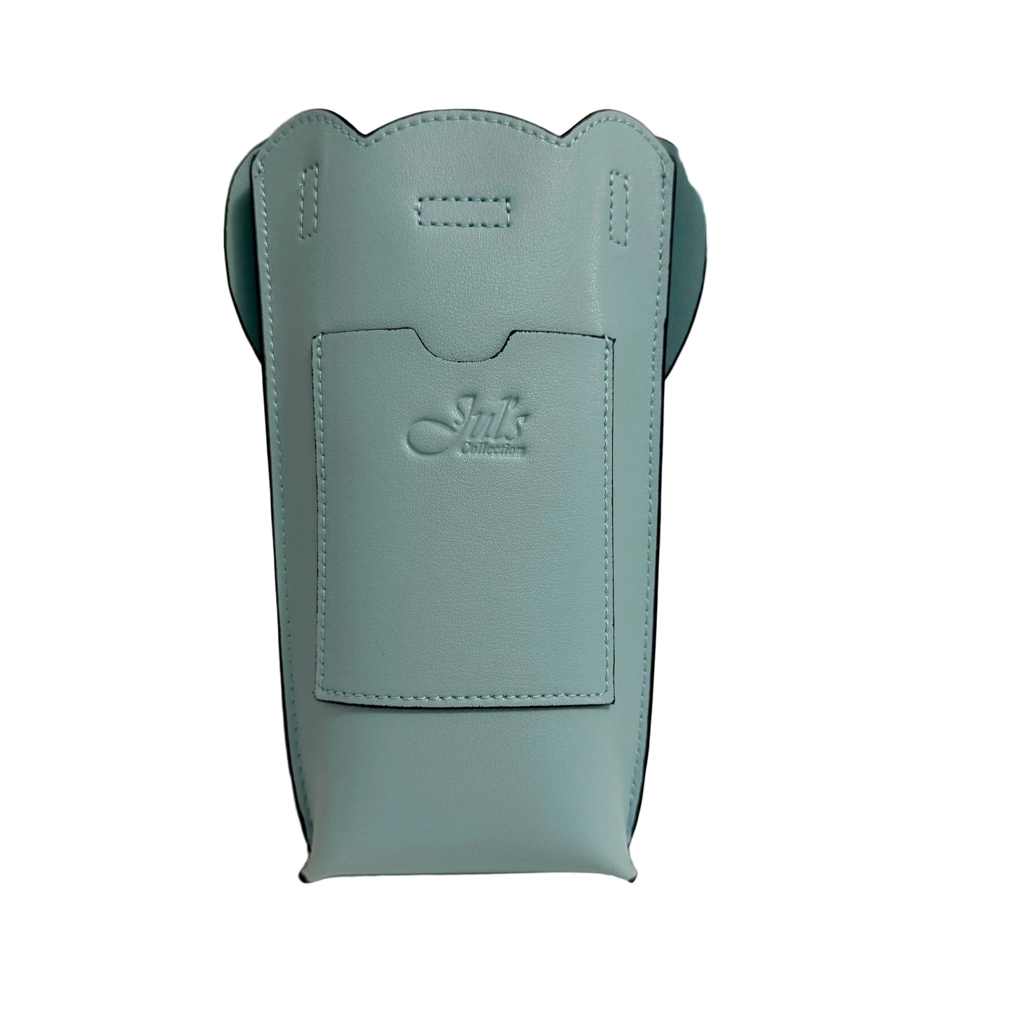 Light blue leather case with 'Silk' branding on a beige background