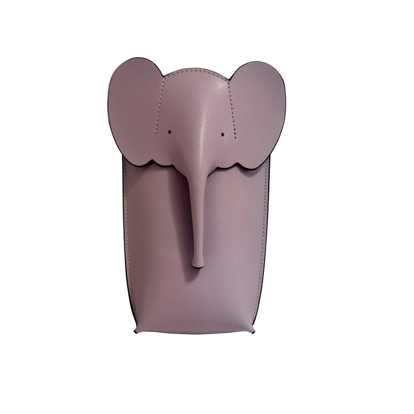 Purple elephant-shaped pouch on a white surface with a gray background