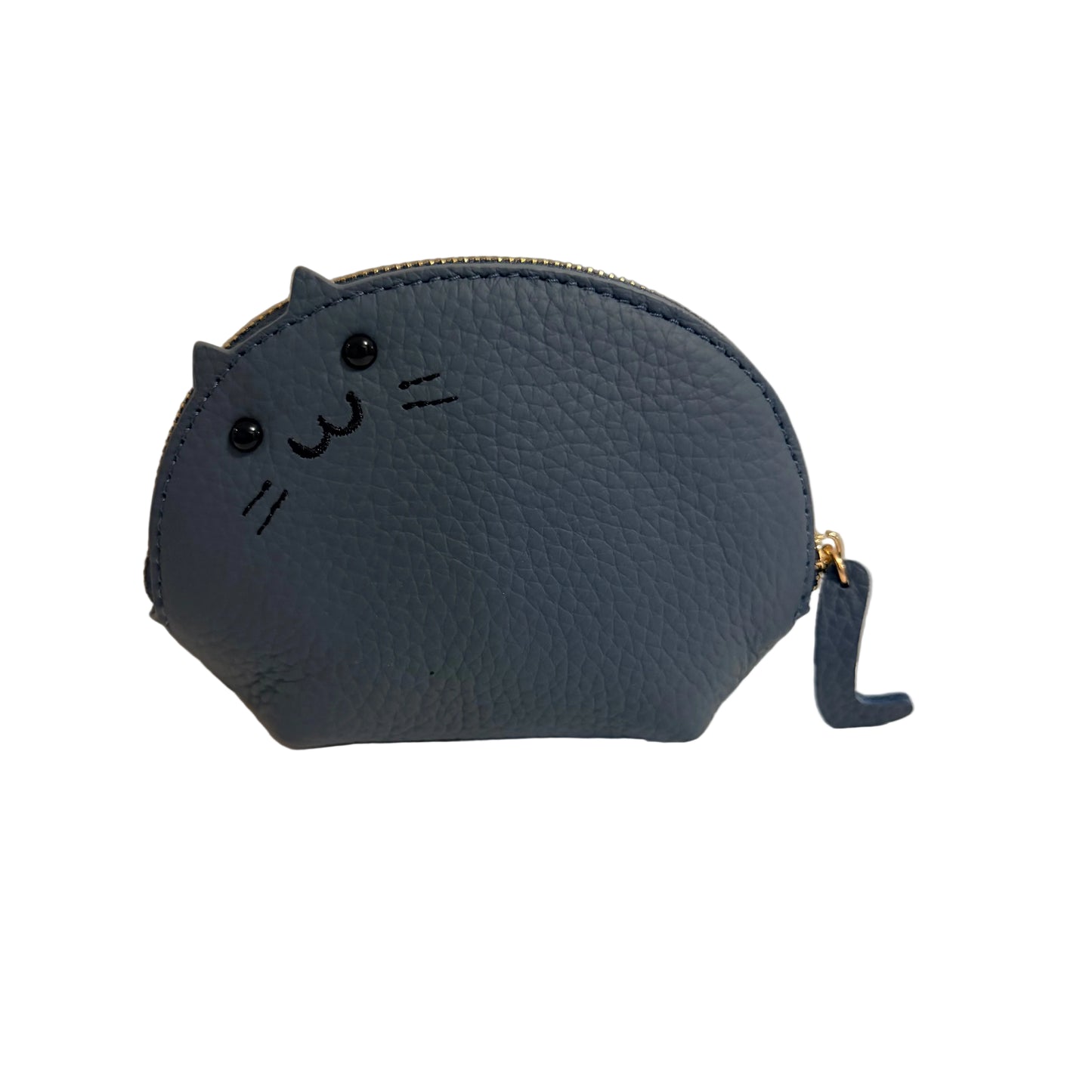 Blue cat-shaped coin purse on a light surface with a neutral background