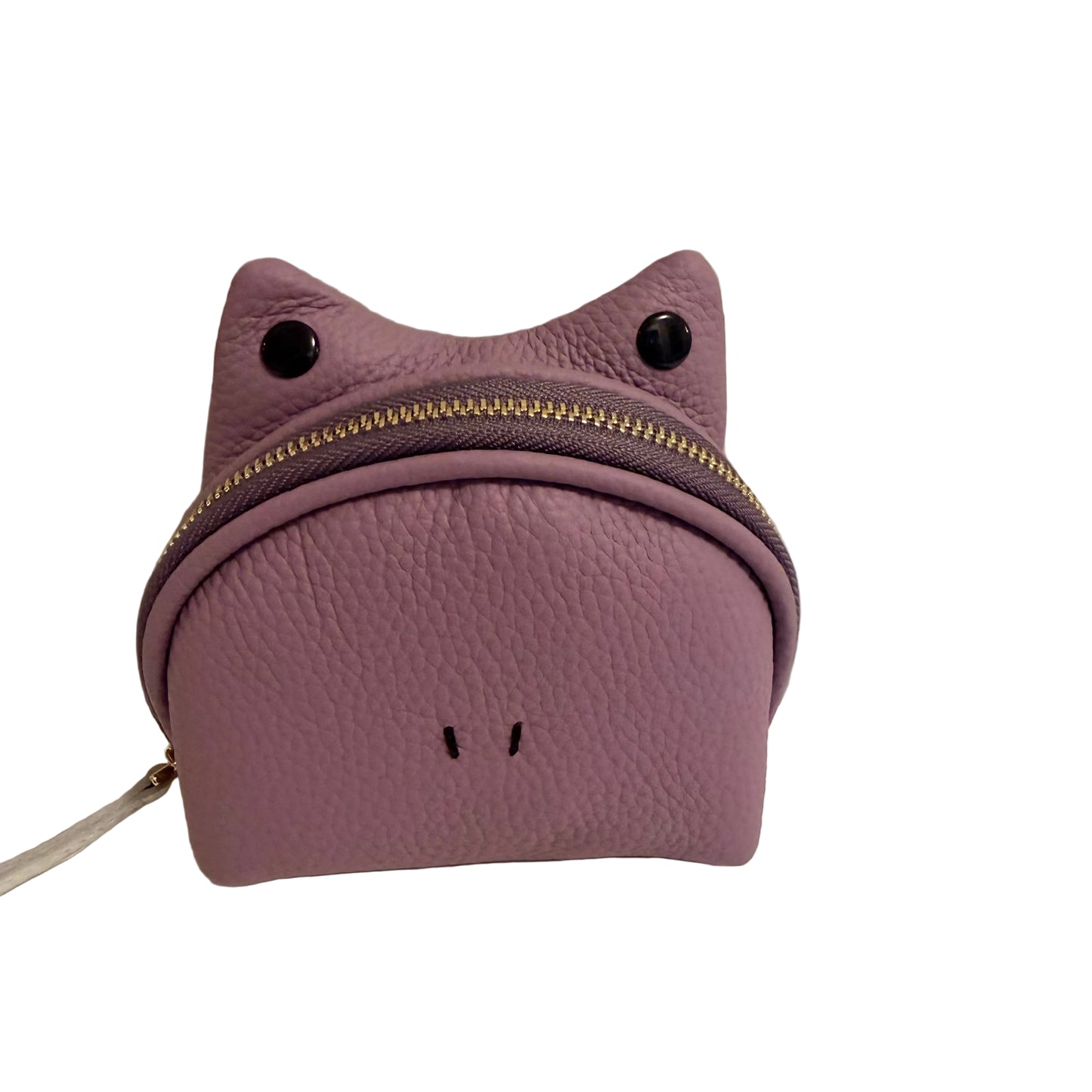 Purple cat-shaped pouch with a zipper on a white surface.