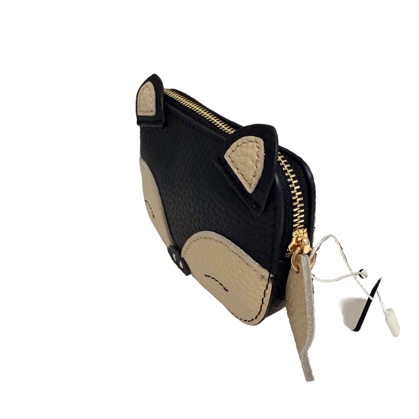 Black and beige cat-shaped pouch with a gold zipper on a white surface.