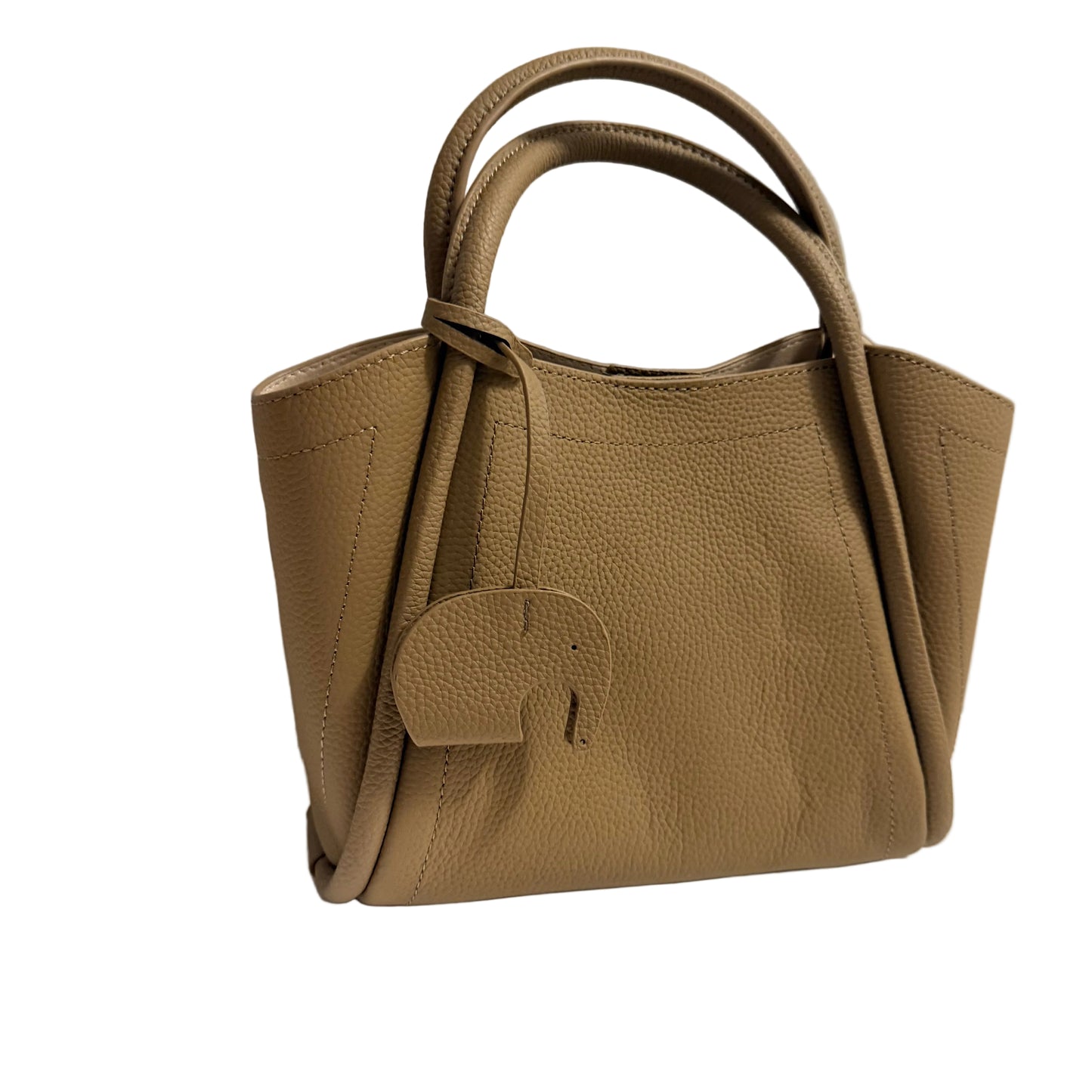 Brown leather handbag with an elephant emblem on a white surface.